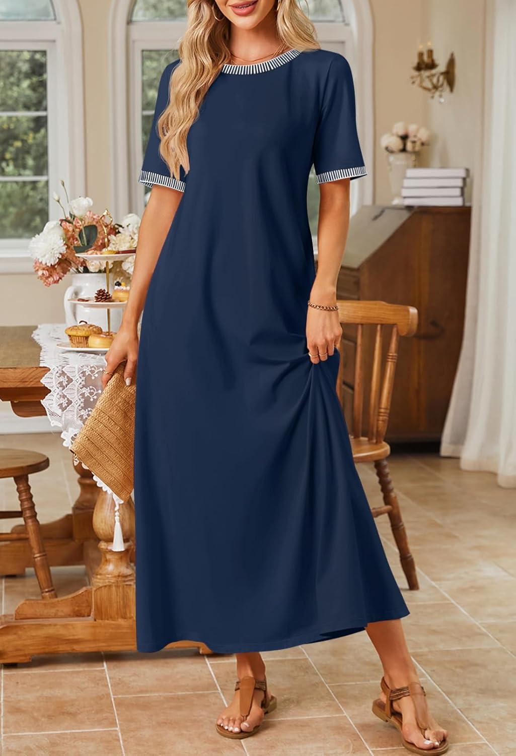 imageMEROKEETY Summer Spring Maxi Dresses for Women 2026 Beach Vacation Casual Short Sleeve Long T Shirt Sundress with PocketsNavycombo
