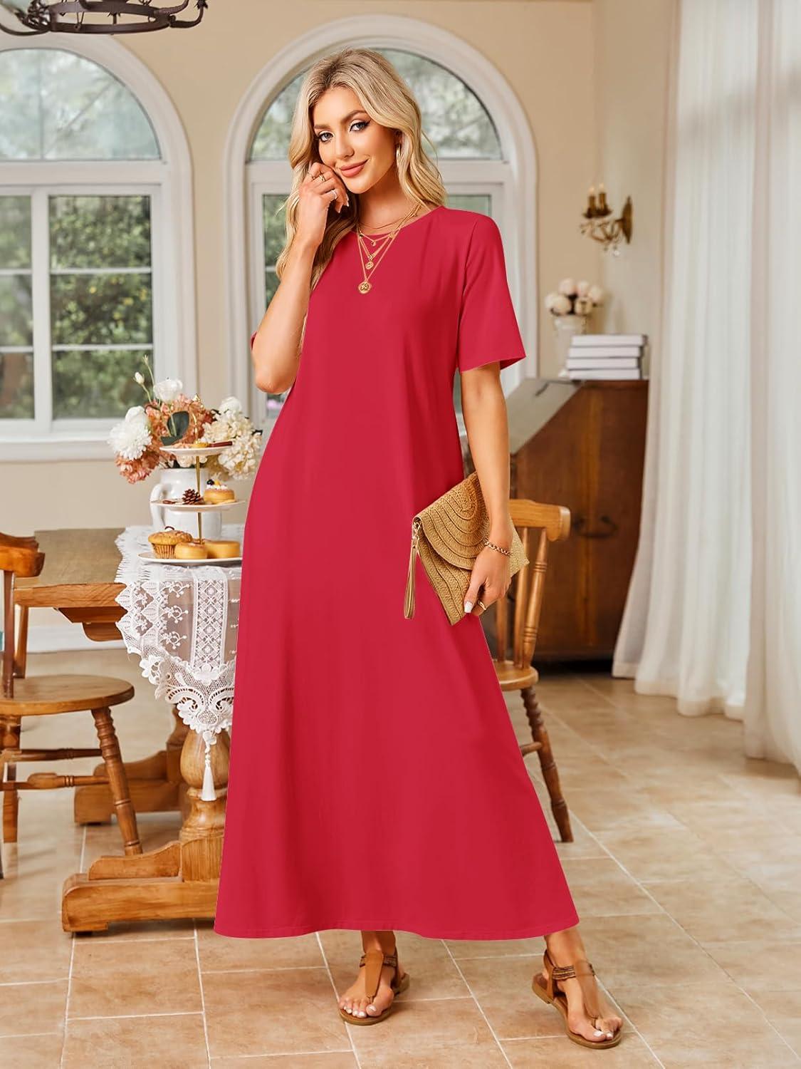 imageMEROKEETY Summer Spring Maxi Dresses for Women 2026 Beach Vacation Casual Short Sleeve Long T Shirt Sundress with PocketsRed
