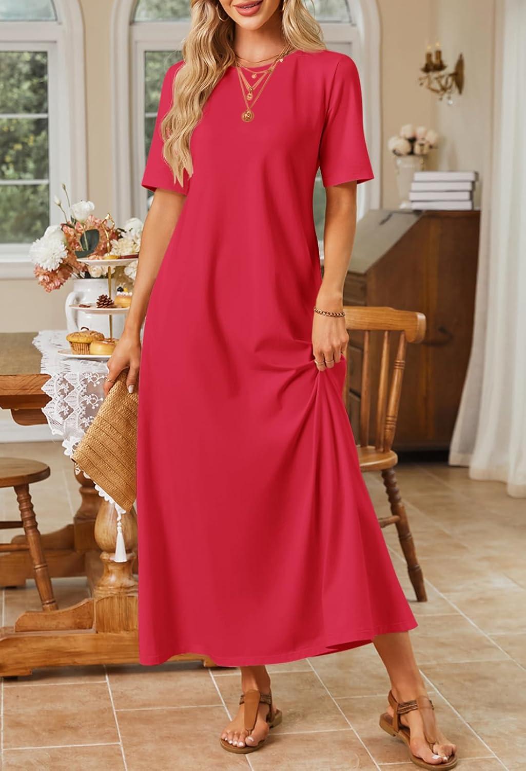imageMEROKEETY Summer Spring Maxi Dresses for Women 2026 Beach Vacation Casual Short Sleeve Long T Shirt Sundress with PocketsRed