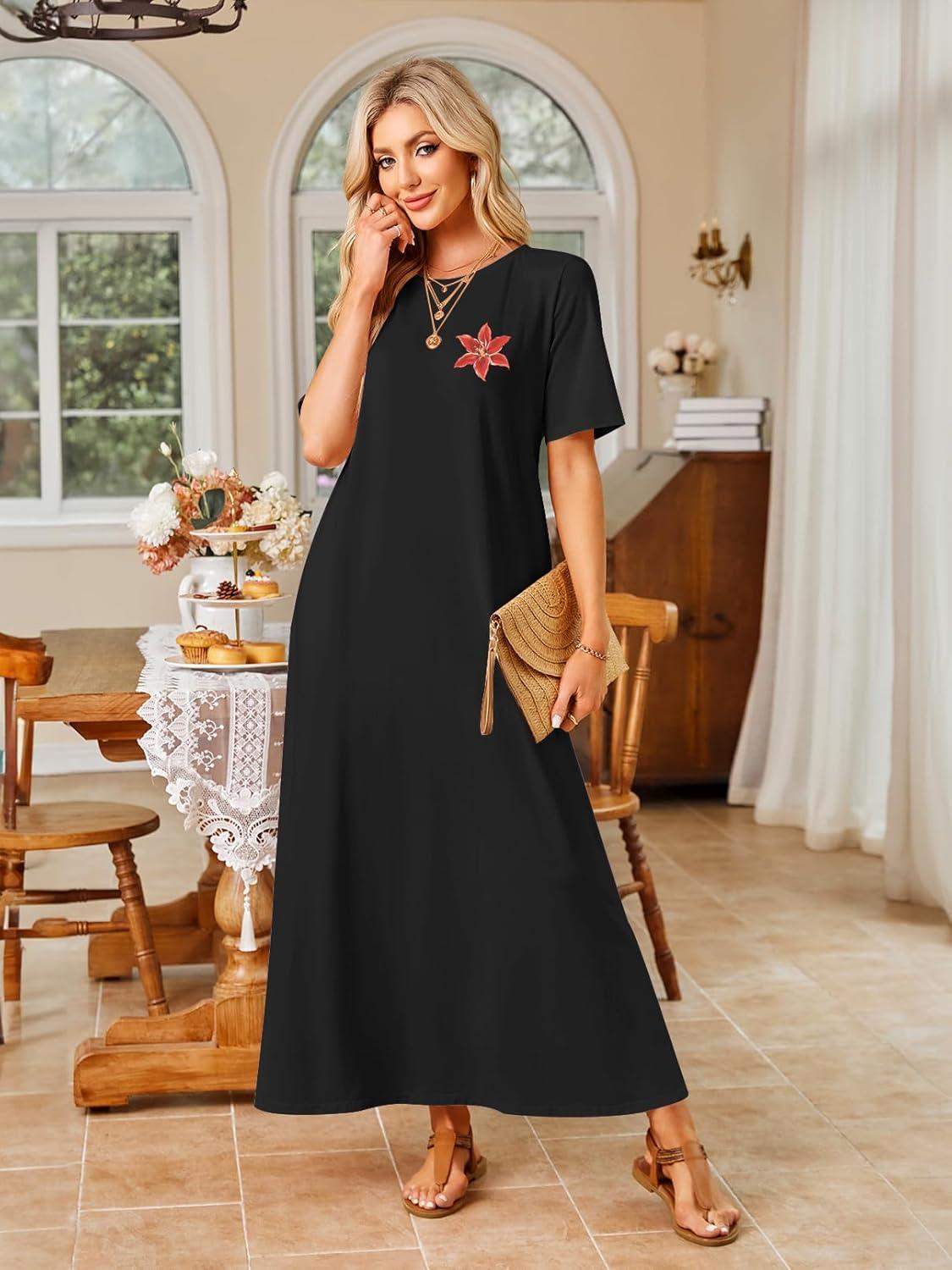 imageMEROKEETY Summer Spring Maxi Dresses for Women 2026 Beach Vacation Casual Short Sleeve Long T Shirt Sundress with PocketsRedleaf