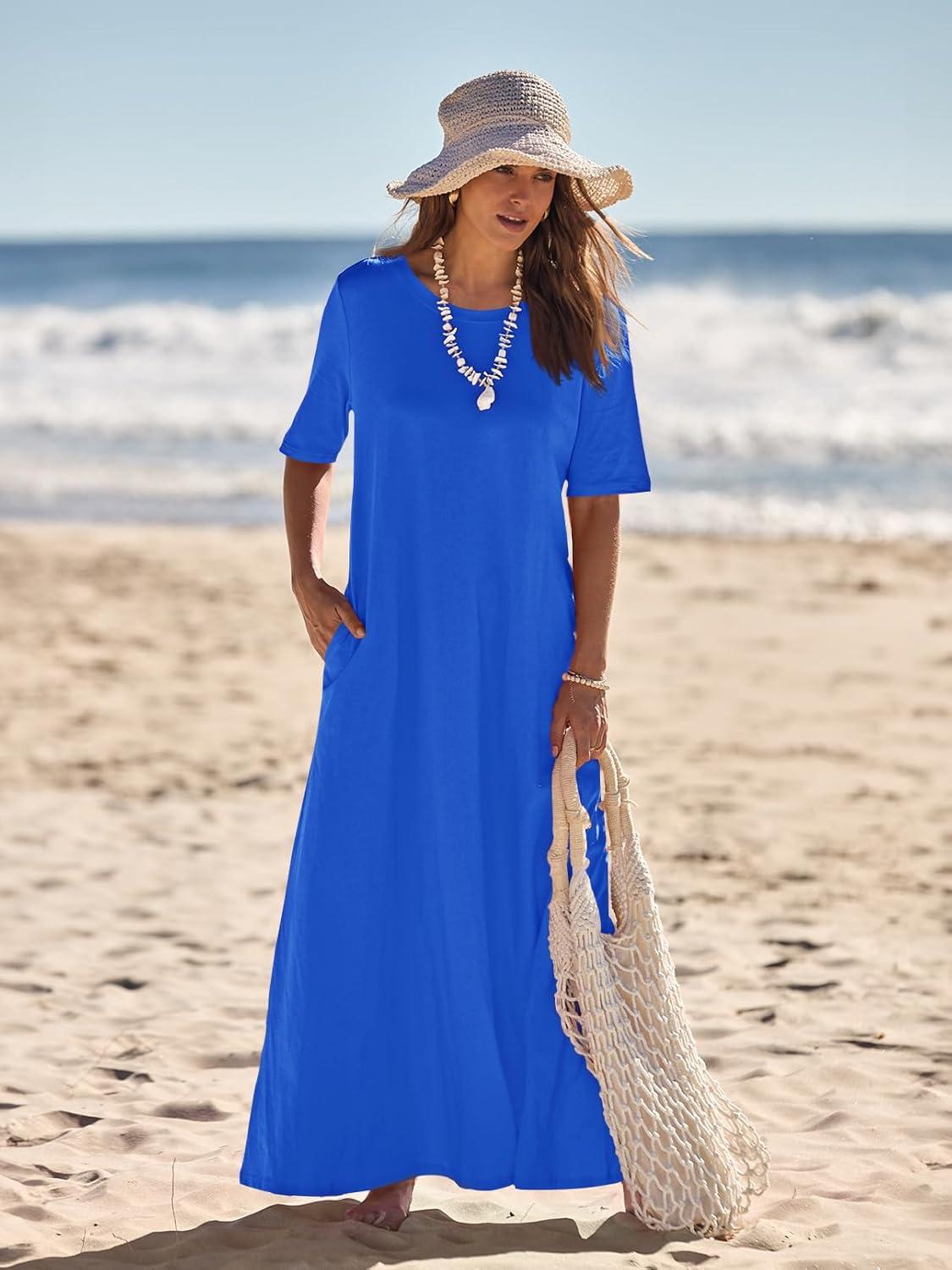 imageMEROKEETY Summer Spring Maxi Dresses for Women 2026 Beach Vacation Casual Short Sleeve Long T Shirt Sundress with PocketsRoyalblue