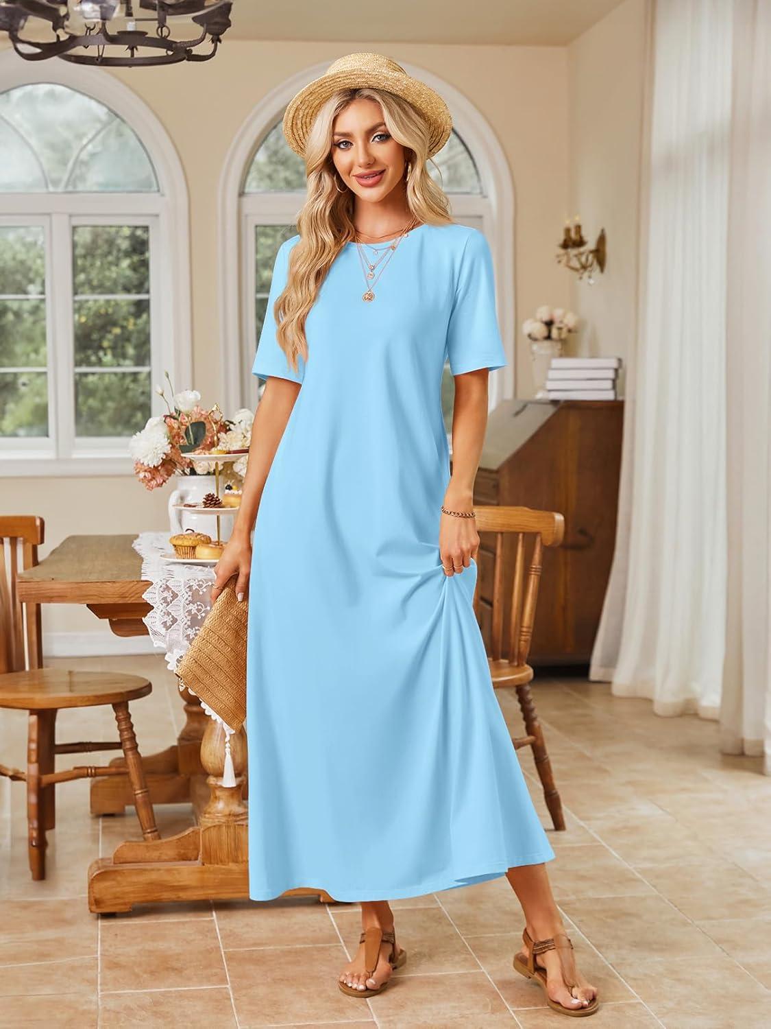 imageMEROKEETY Summer Spring Maxi Dresses for Women 2026 Beach Vacation Casual Short Sleeve Long T Shirt Sundress with PocketsSkyblue