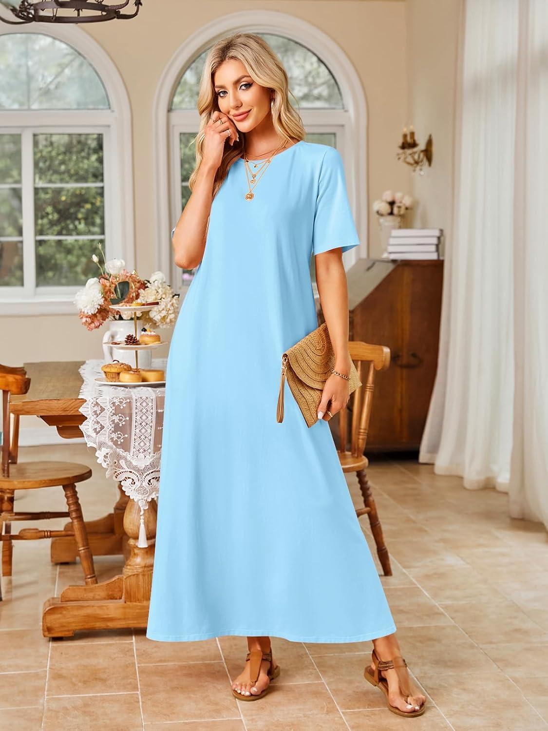 imageMEROKEETY Summer Spring Maxi Dresses for Women 2026 Beach Vacation Casual Short Sleeve Long T Shirt Sundress with PocketsSkyblue