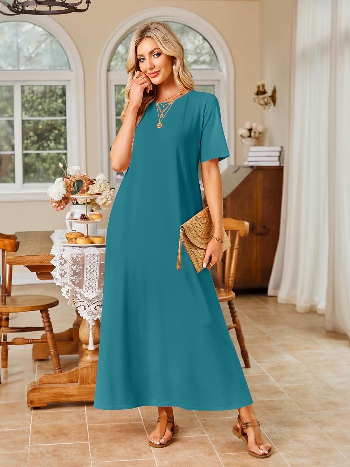 imageMEROKEETY Summer Spring Maxi Dresses for Women 2026 Beach Vacation Casual Short Sleeve Long T Shirt Sundress with PocketsTeal