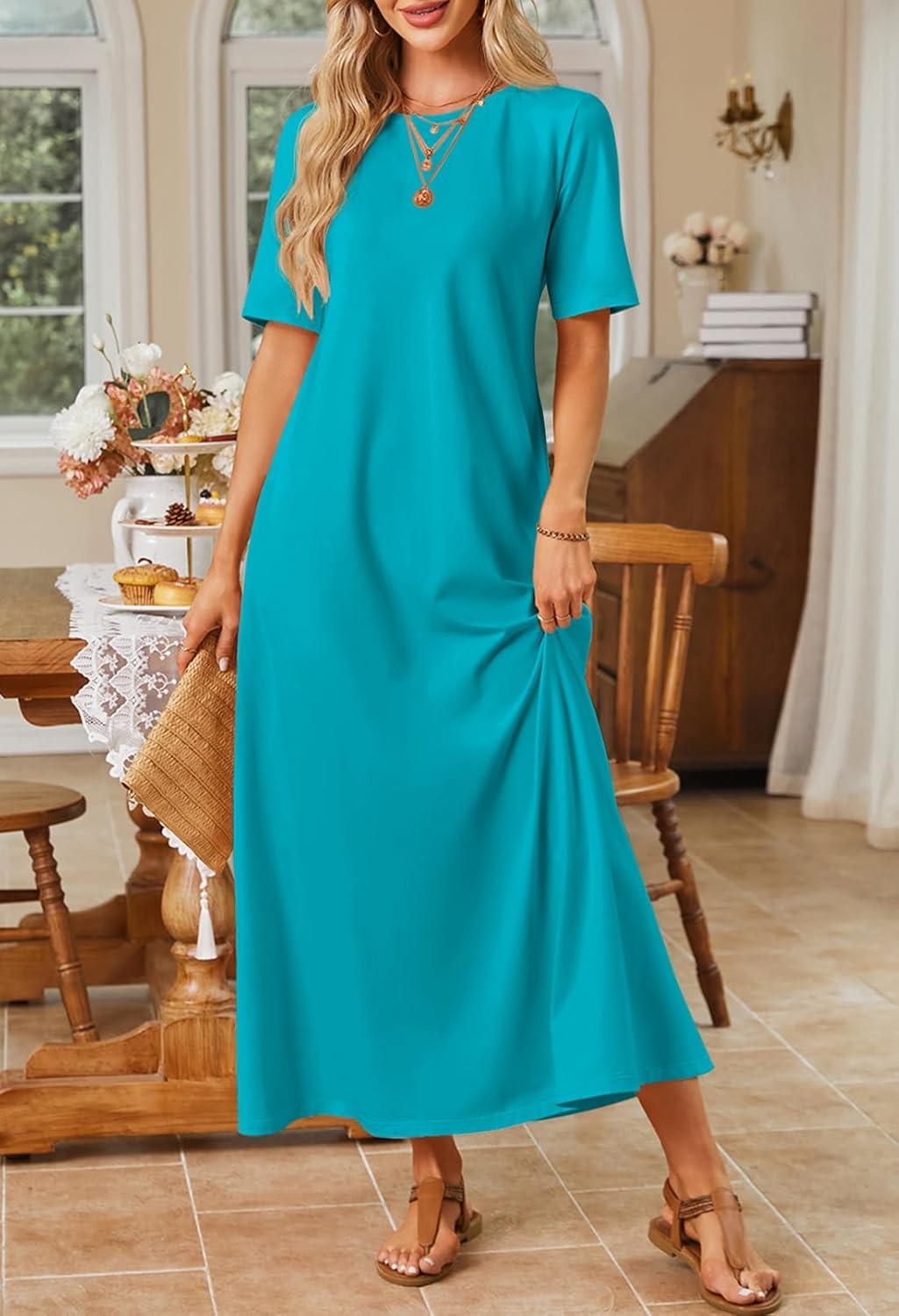 imageMEROKEETY Summer Spring Maxi Dresses for Women 2026 Beach Vacation Casual Short Sleeve Long T Shirt Sundress with PocketsTurquoise