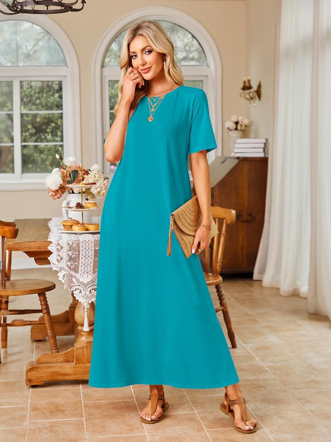imageMEROKEETY Summer Spring Maxi Dresses for Women 2026 Beach Vacation Casual Short Sleeve Long T Shirt Sundress with PocketsTurquoise