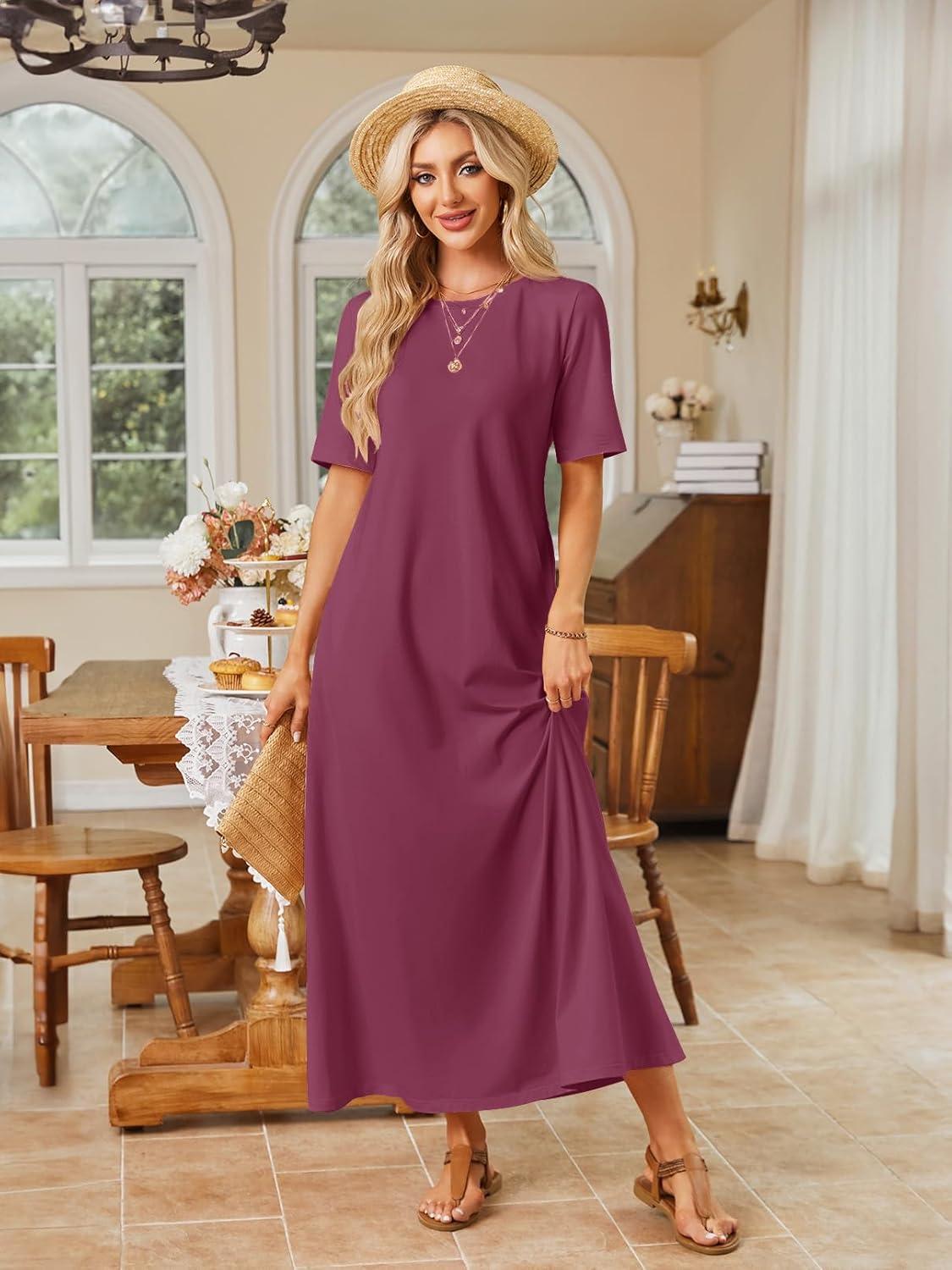 imageMEROKEETY Summer Spring Maxi Dresses for Women 2026 Beach Vacation Casual Short Sleeve Long T Shirt Sundress with PocketsWine
