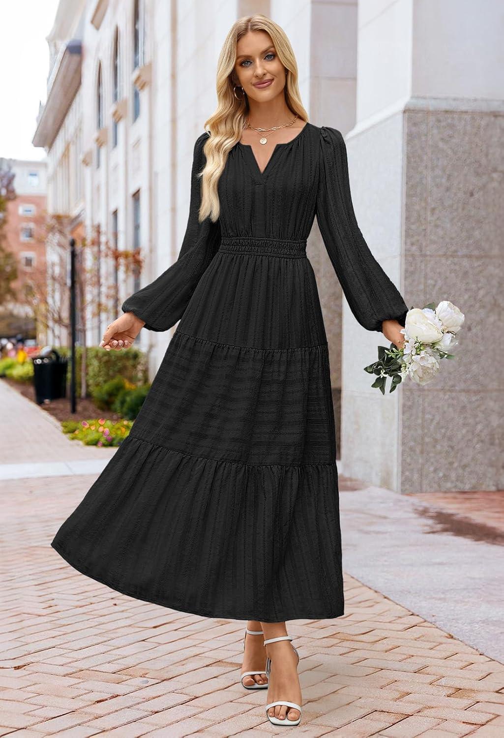 imageMEROKEETY Winter Spring Midi Dresses for Women 2026 Casual Vacation Long Sleeve V Neck Tiered Cotton Maxi Dress PocketsBlack
