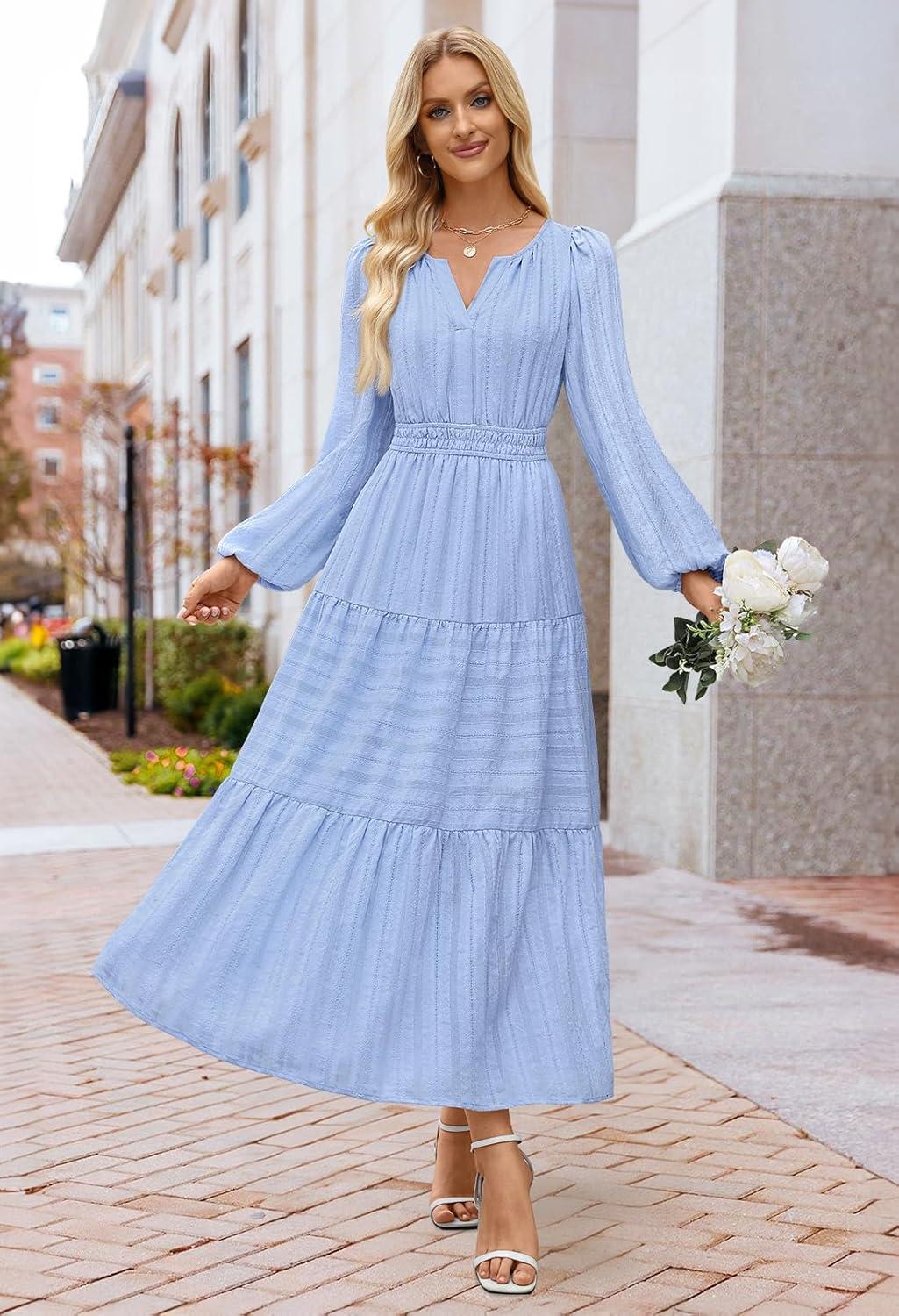 imageMEROKEETY Winter Spring Midi Dresses for Women 2026 Casual Vacation Long Sleeve V Neck Tiered Cotton Maxi Dress PocketsBlue