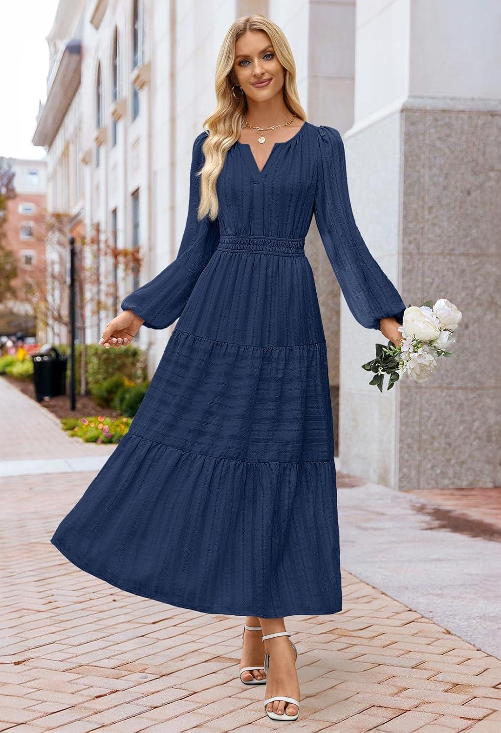 imageMEROKEETY Winter Spring Midi Dresses for Women 2026 Casual Vacation Long Sleeve V Neck Tiered Cotton Maxi Dress PocketsNavy