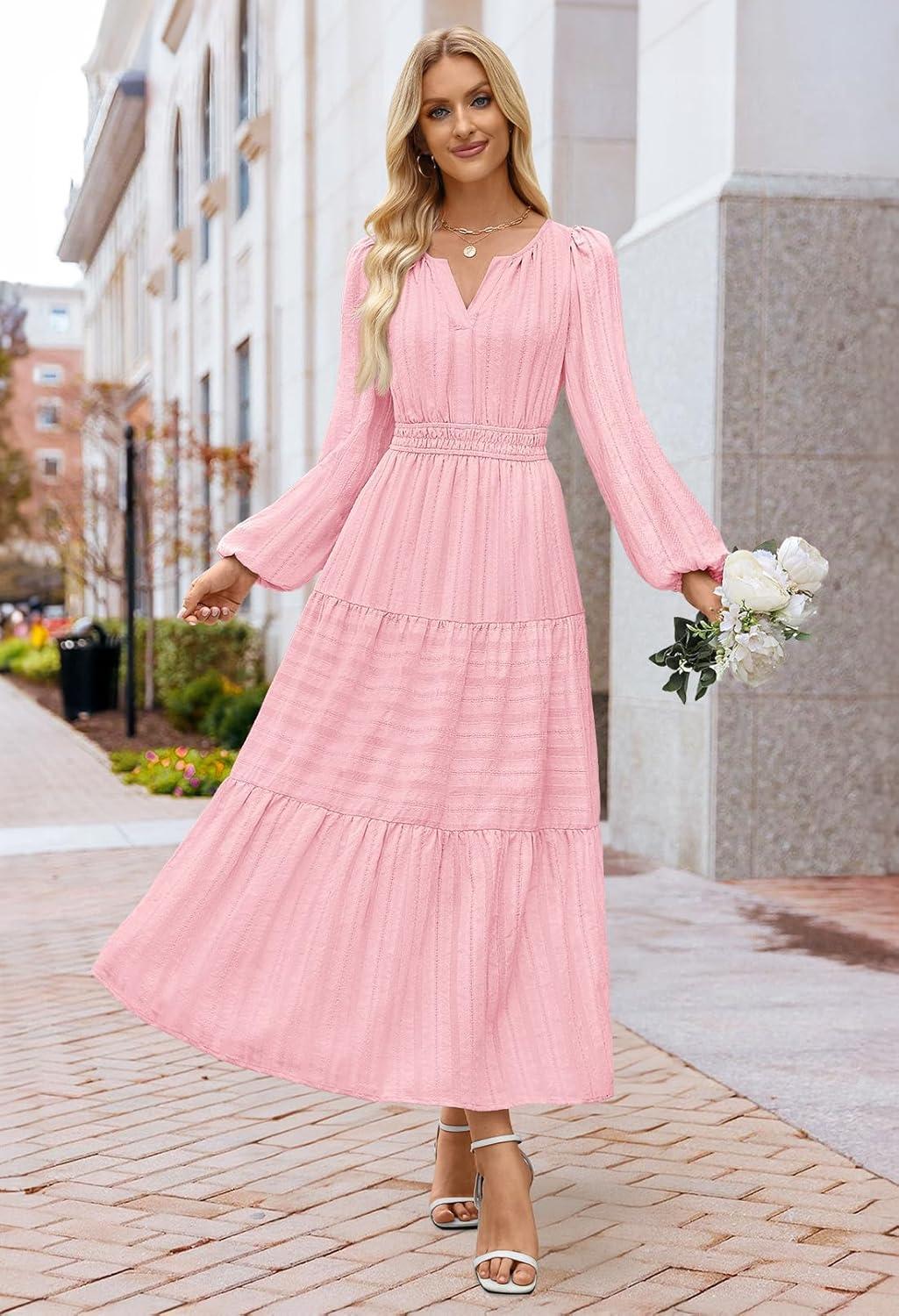 imageMEROKEETY Winter Spring Midi Dresses for Women 2026 Casual Vacation Long Sleeve V Neck Tiered Cotton Maxi Dress PocketsPink