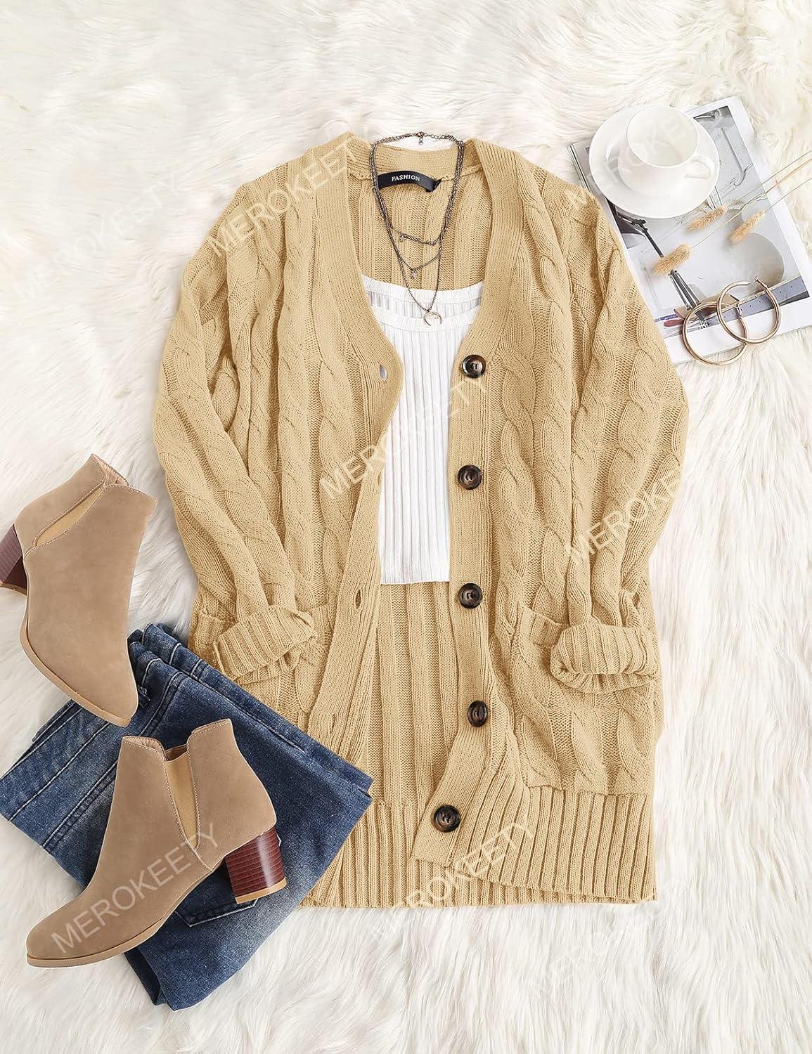 imageMEROKEETY Womens 2025 Fall Long Sleeve Cable Knit Sweater Open Front Cardigan Button Loose OuterwearApricot