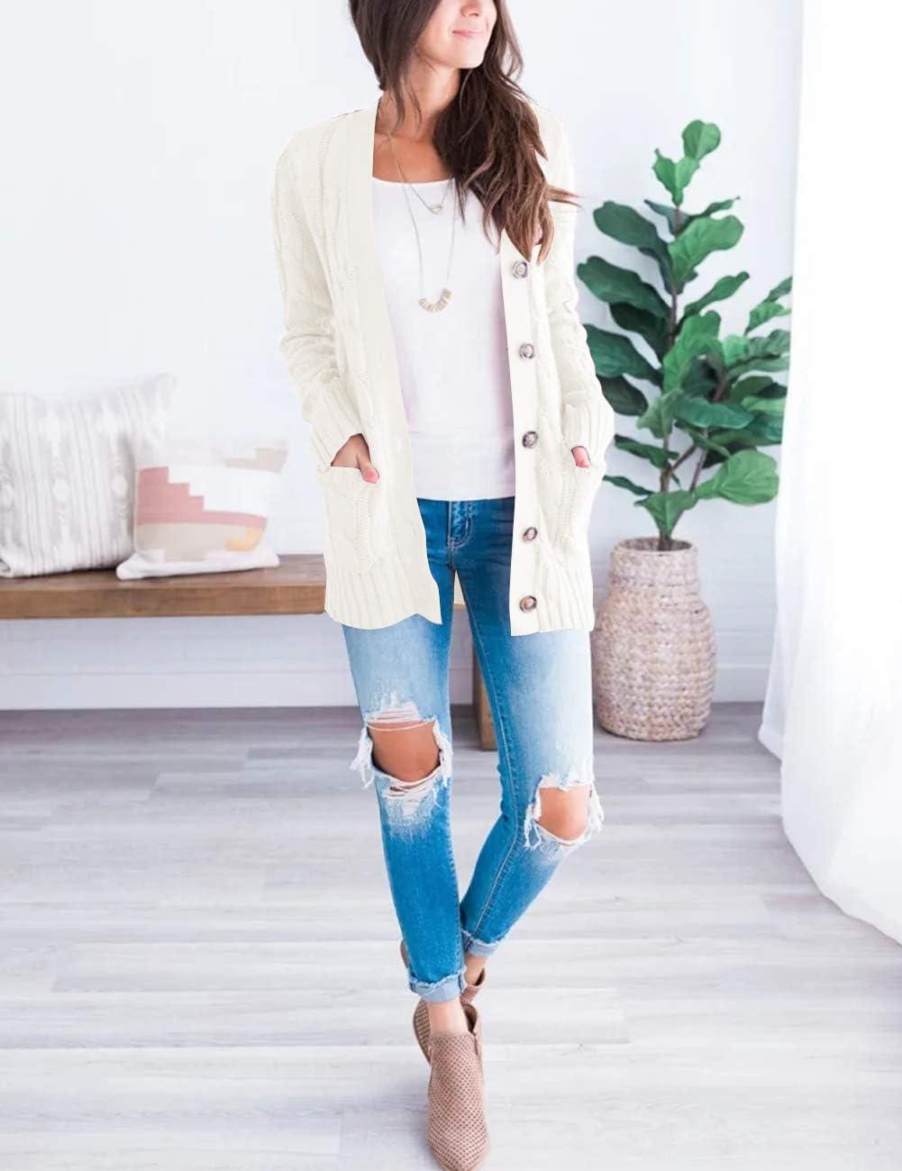 imageMEROKEETY Womens 2025 Fall Long Sleeve Cable Knit Sweater Open Front Cardigan Button Loose OuterwearBeige