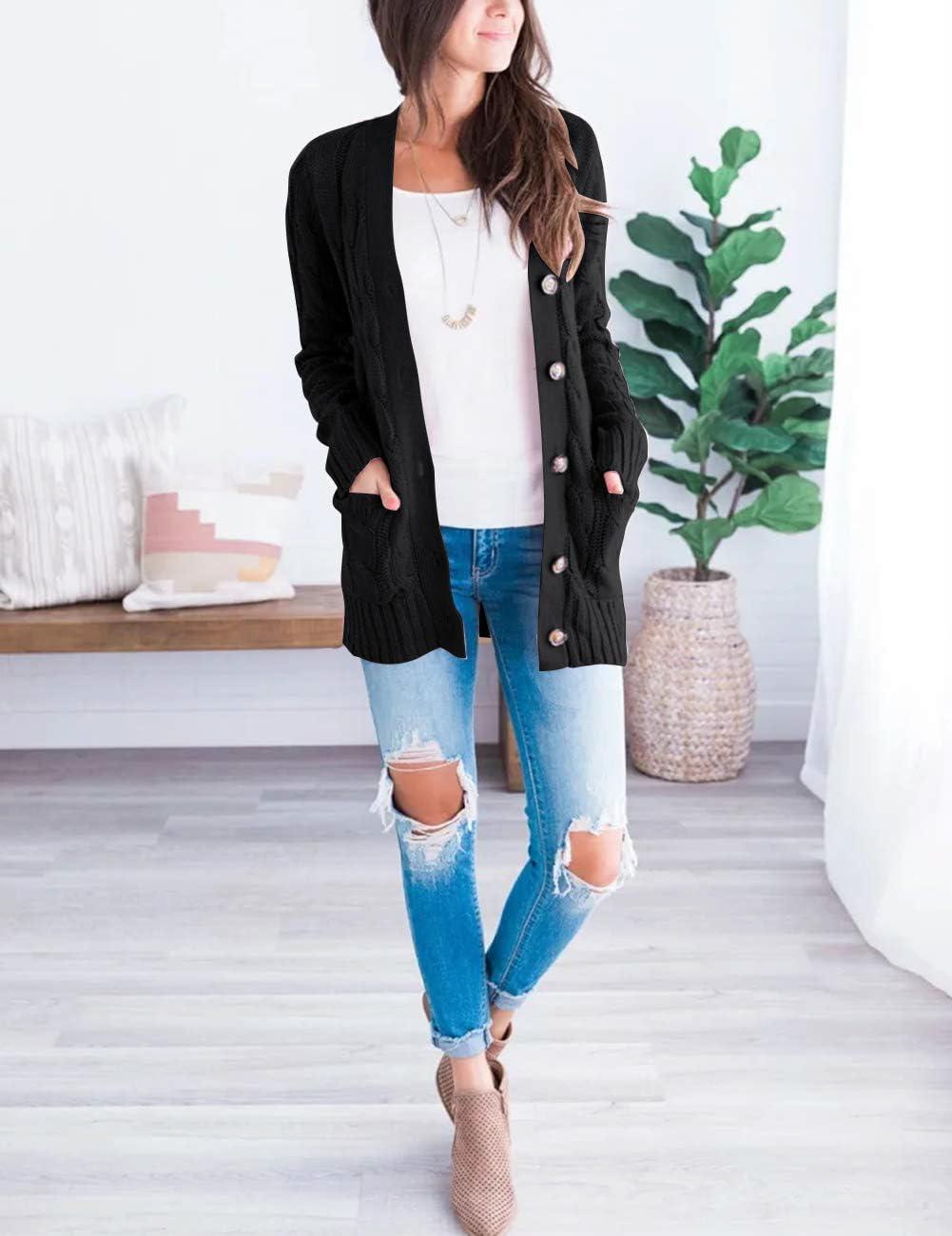 imageMEROKEETY Womens 2025 Fall Long Sleeve Cable Knit Sweater Open Front Cardigan Button Loose OuterwearBlack