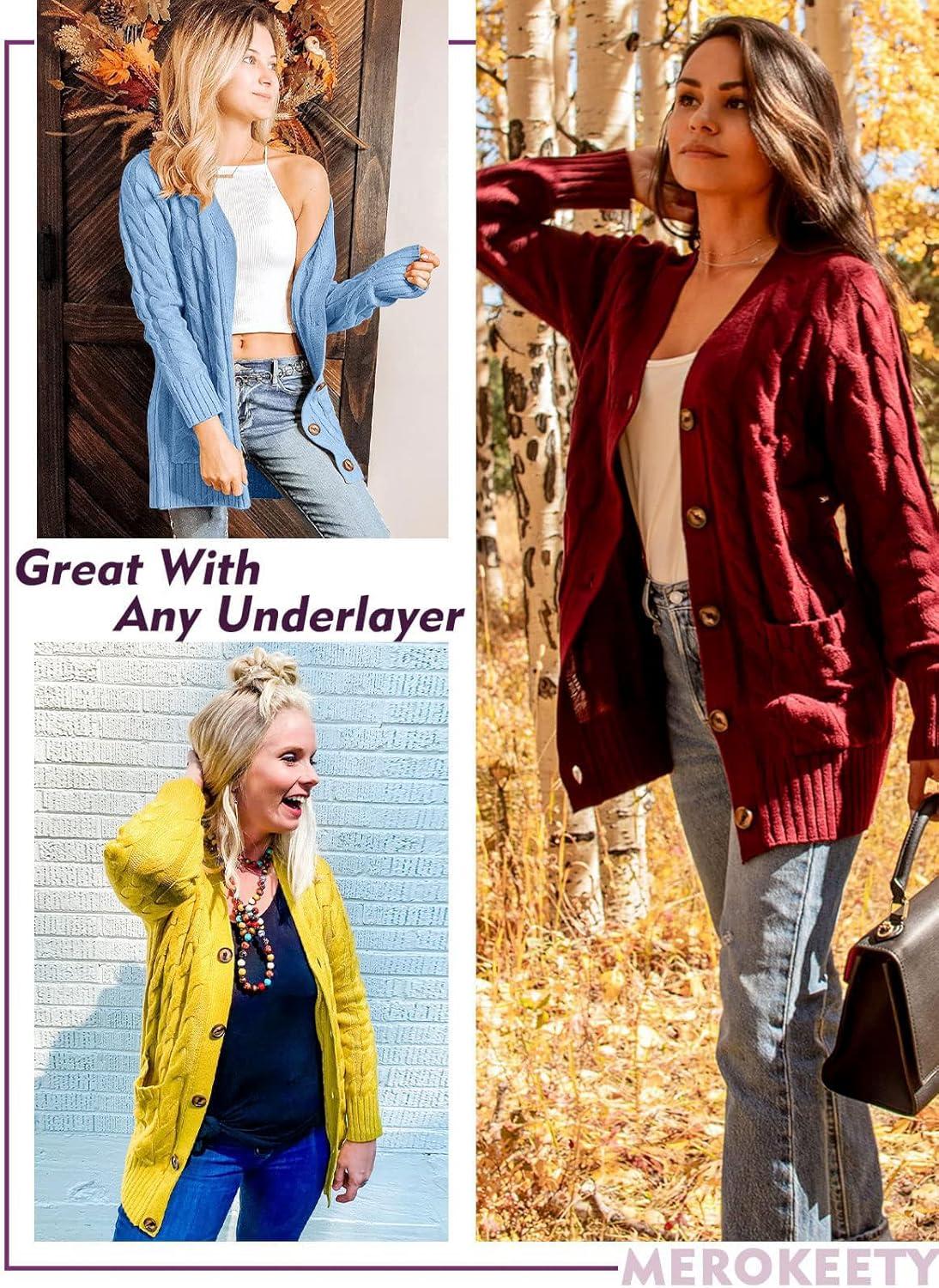 imageMEROKEETY Womens 2025 Fall Long Sleeve Cable Knit Sweater Open Front Cardigan Button Loose OuterwearBlue