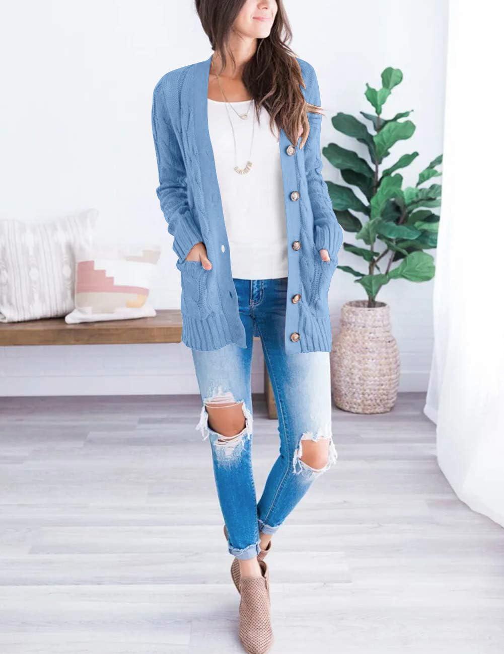 imageMEROKEETY Womens 2025 Fall Long Sleeve Cable Knit Sweater Open Front Cardigan Button Loose OuterwearBlue