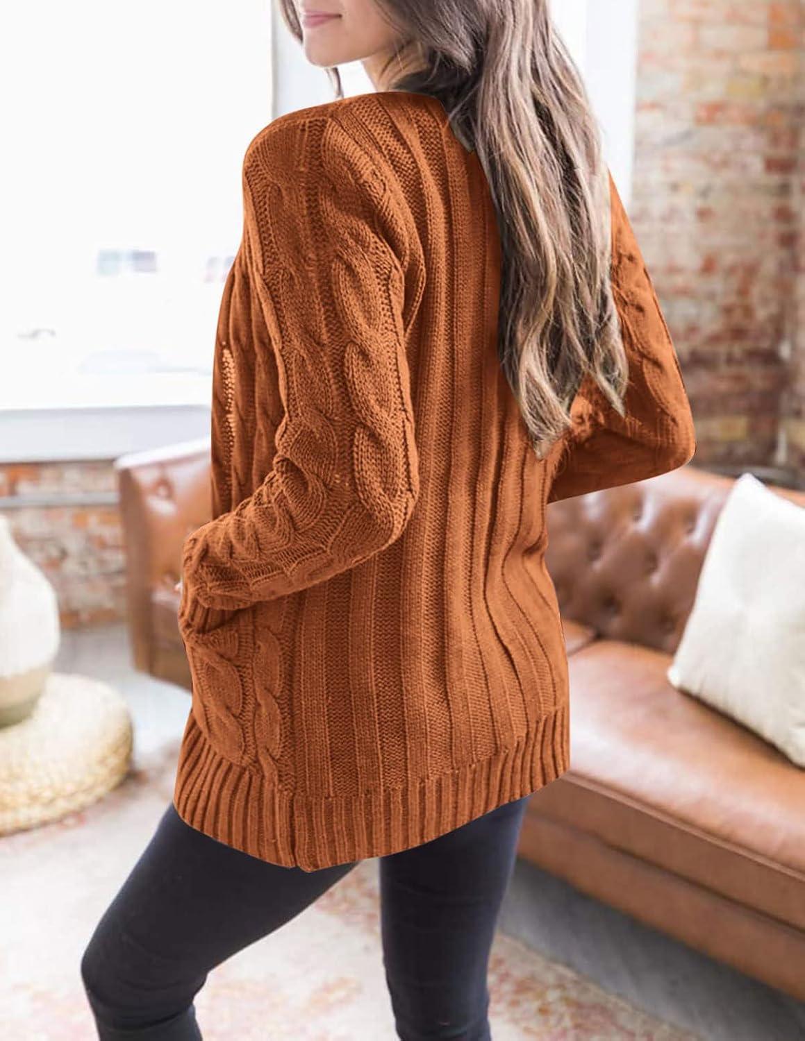 imageMEROKEETY Womens 2025 Fall Long Sleeve Cable Knit Sweater Open Front Cardigan Button Loose OuterwearBrown