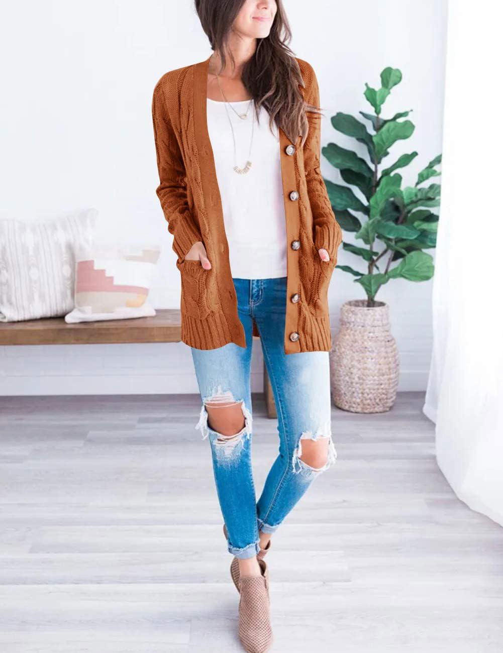imageMEROKEETY Womens 2025 Fall Long Sleeve Cable Knit Sweater Open Front Cardigan Button Loose OuterwearBrown