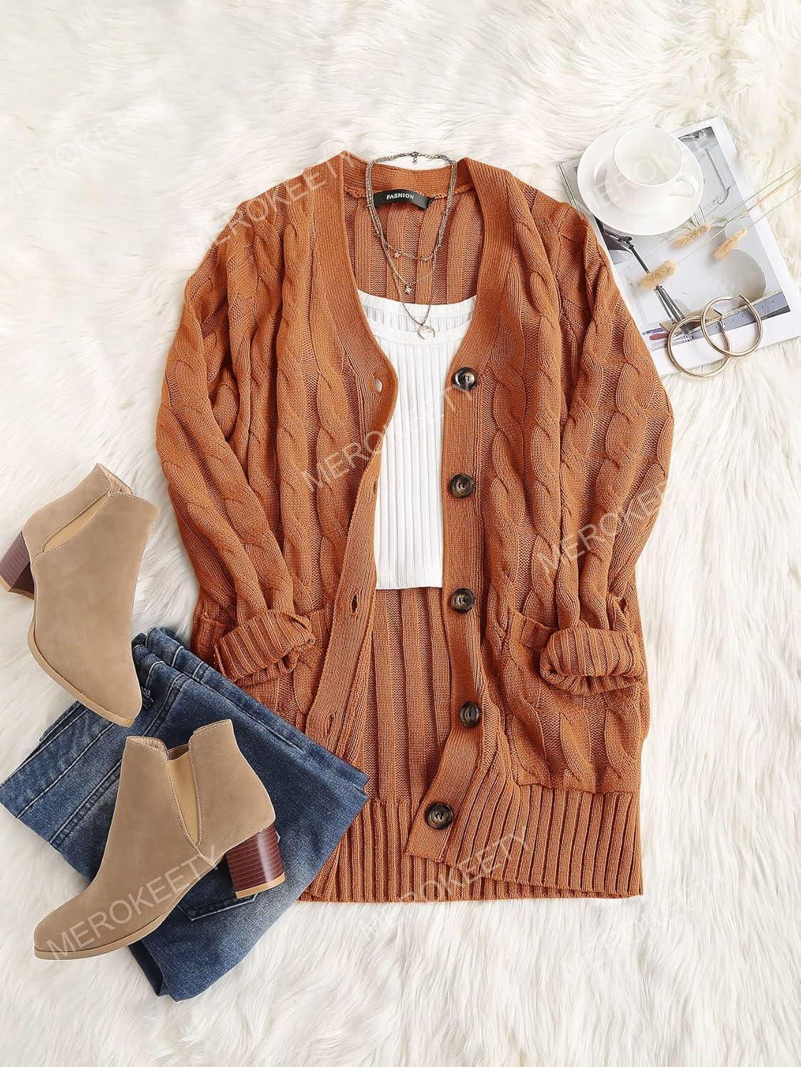 imageMEROKEETY Womens 2025 Fall Long Sleeve Cable Knit Sweater Open Front Cardigan Button Loose OuterwearBrown