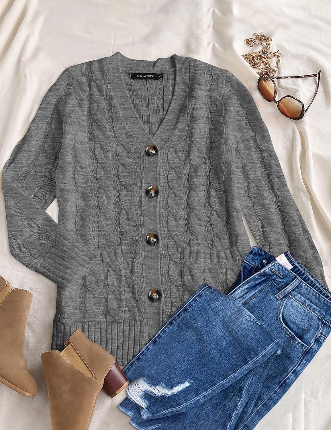 imageMEROKEETY Womens 2025 Fall Long Sleeve Cable Knit Sweater Open Front Cardigan Button Loose OuterwearCharcoal