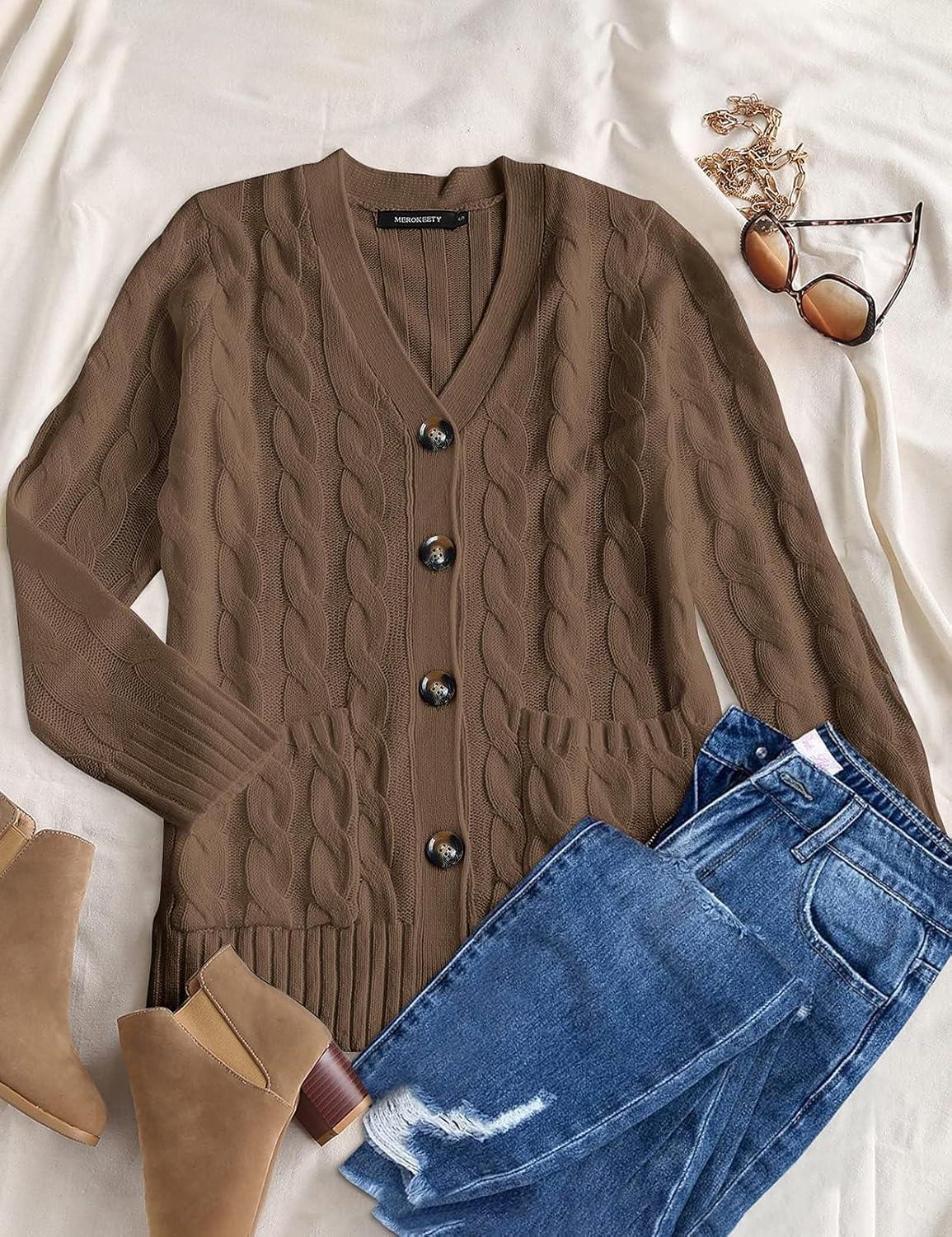 imageMEROKEETY Womens 2025 Fall Long Sleeve Cable Knit Sweater Open Front Cardigan Button Loose OuterwearCoffee