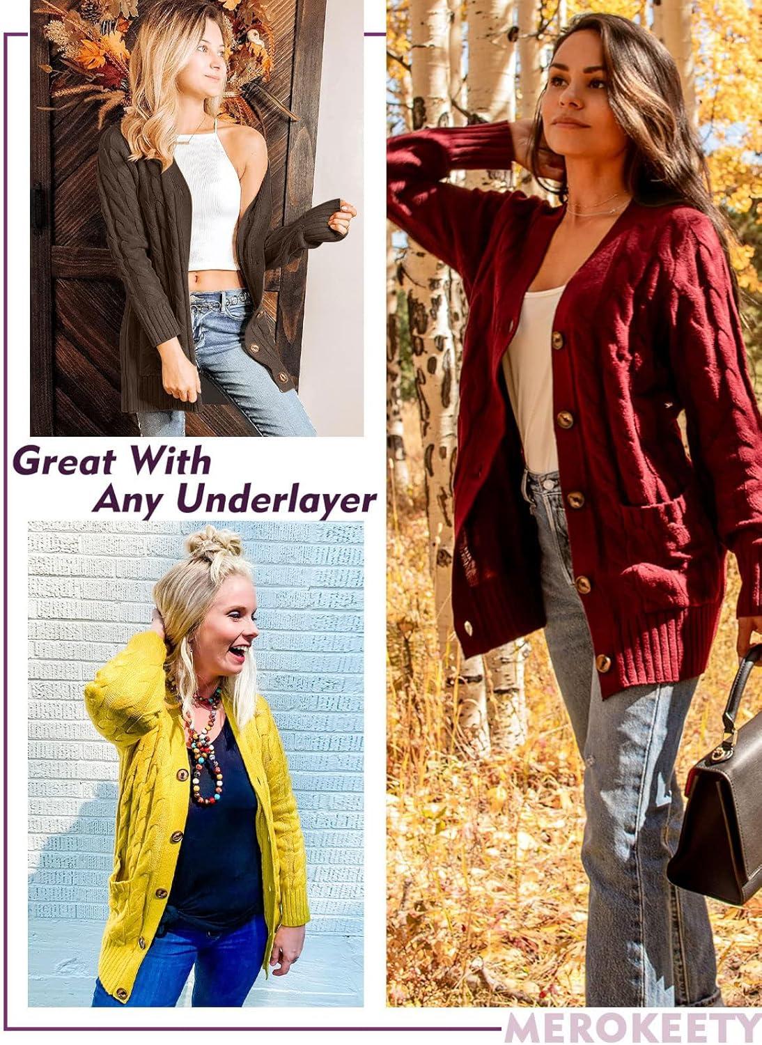 imageMEROKEETY Womens 2025 Fall Long Sleeve Cable Knit Sweater Open Front Cardigan Button Loose OuterwearDark Brown