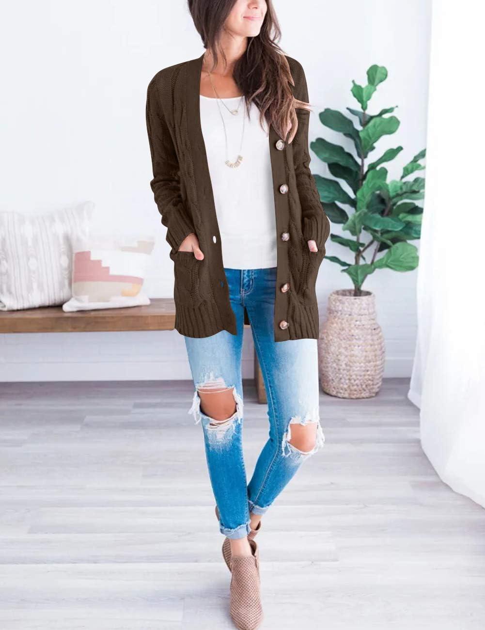 imageMEROKEETY Womens 2025 Fall Long Sleeve Cable Knit Sweater Open Front Cardigan Button Loose OuterwearDark Brown