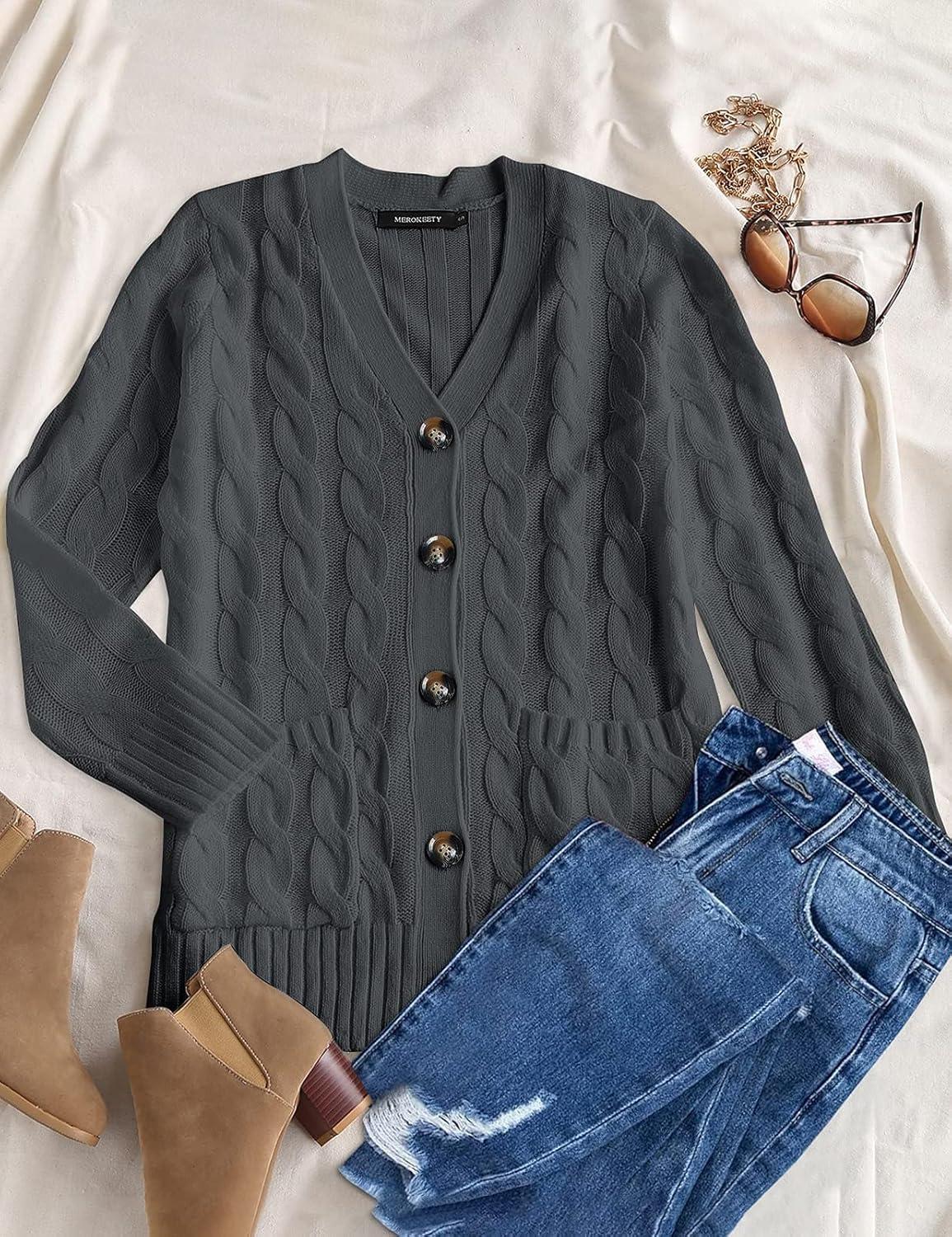 imageMEROKEETY Womens 2025 Fall Long Sleeve Cable Knit Sweater Open Front Cardigan Button Loose OuterwearDark Grey