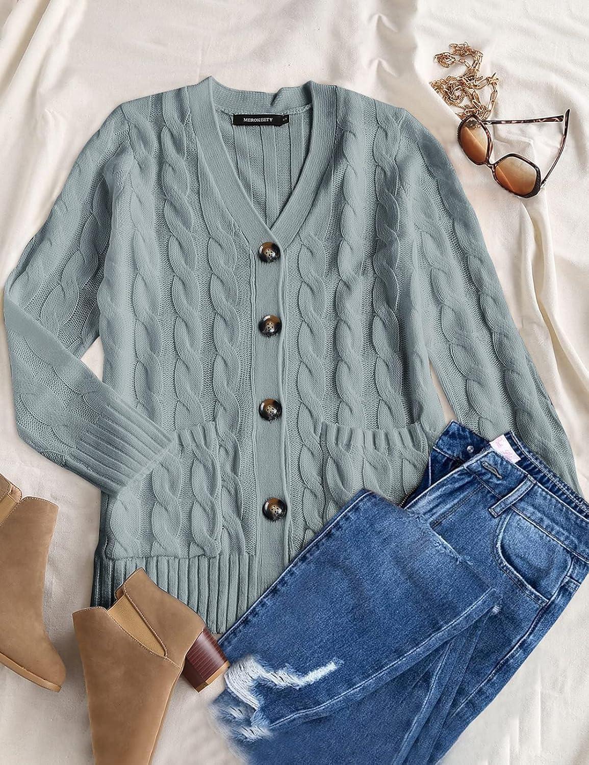 imageMEROKEETY Womens 2025 Fall Long Sleeve Cable Knit Sweater Open Front Cardigan Button Loose OuterwearGrey