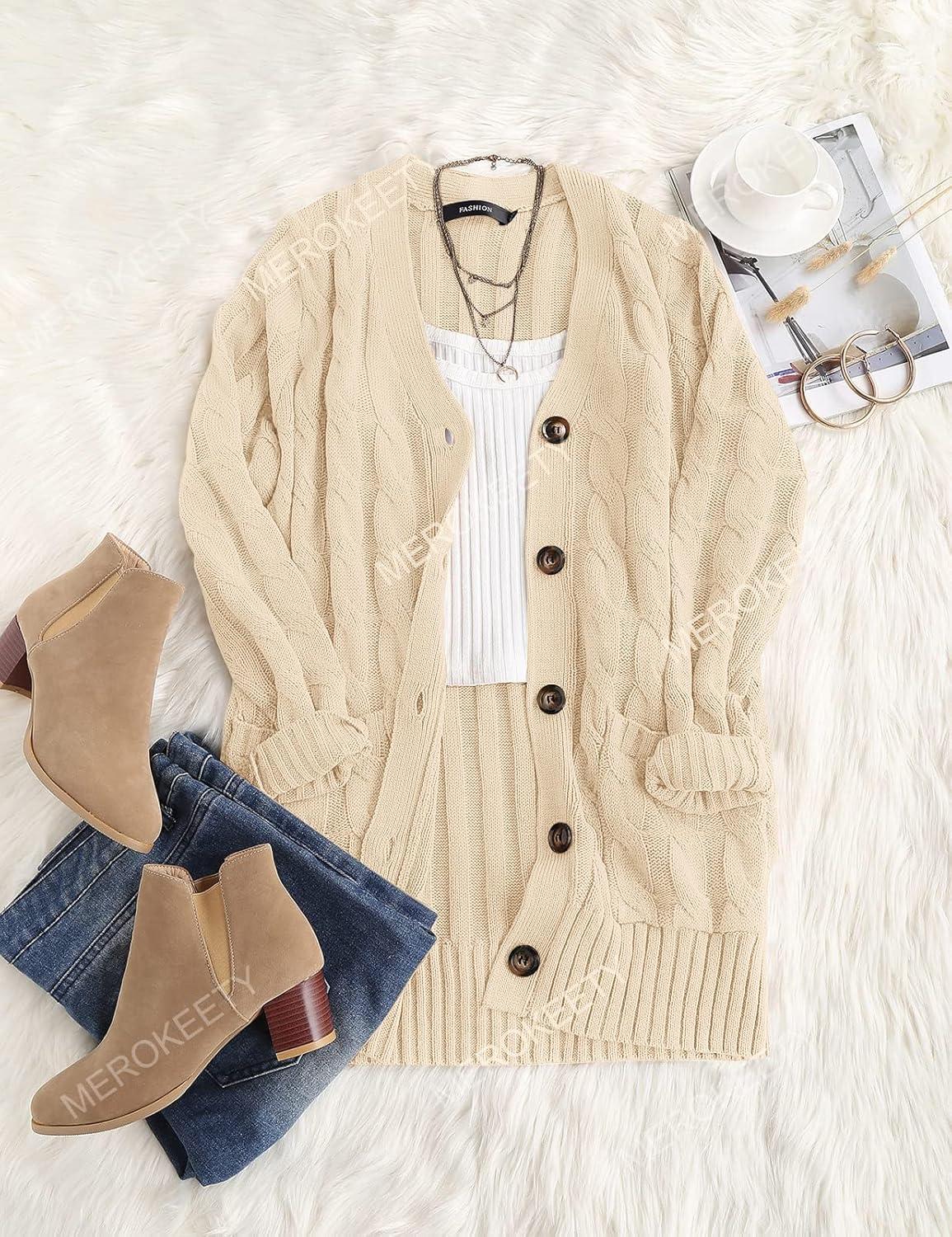 imageMEROKEETY Womens 2025 Fall Long Sleeve Cable Knit Sweater Open Front Cardigan Button Loose OuterwearLight Apricot