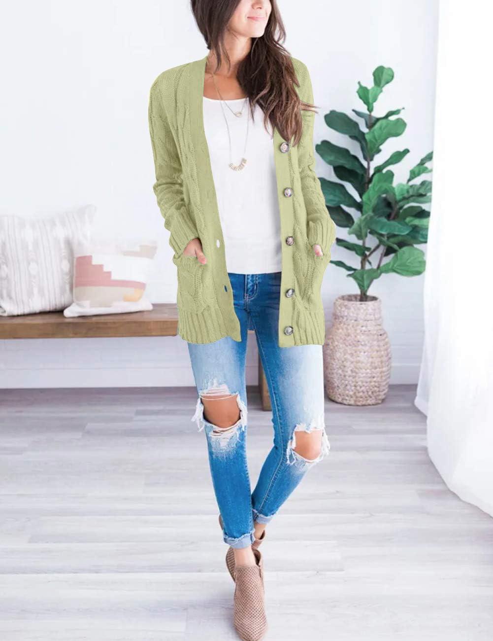 imageMEROKEETY Womens 2025 Fall Long Sleeve Cable Knit Sweater Open Front Cardigan Button Loose OuterwearLight Green