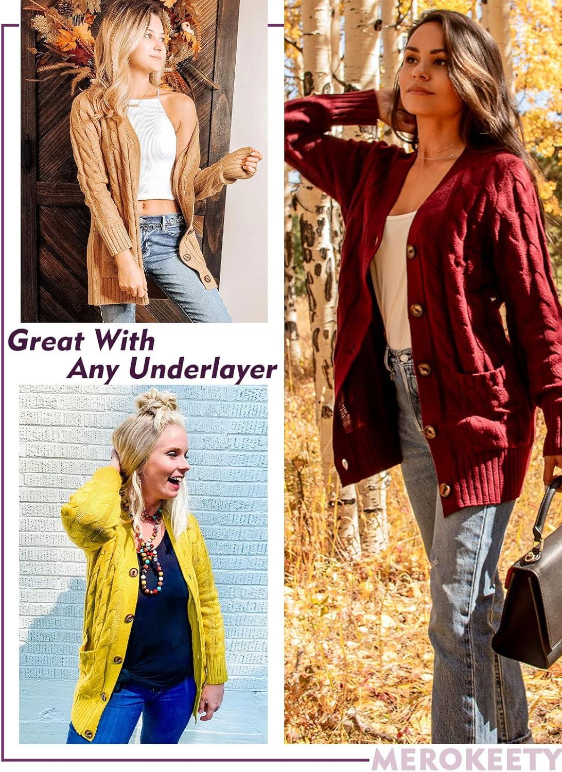 imageMEROKEETY Womens 2025 Fall Long Sleeve Cable Knit Sweater Open Front Cardigan Button Loose OuterwearMustard
