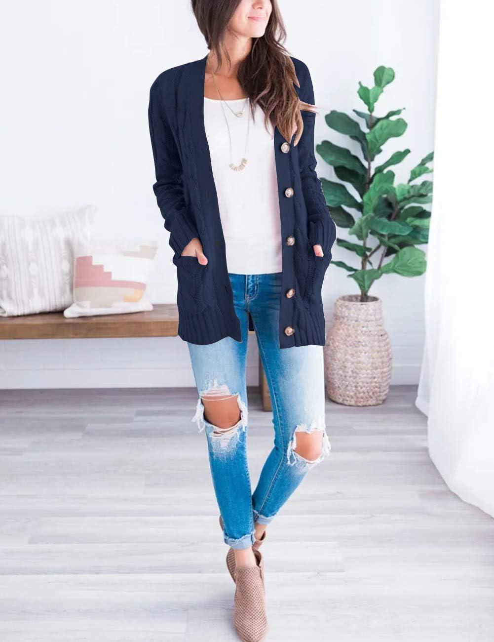 imageMEROKEETY Womens 2025 Fall Long Sleeve Cable Knit Sweater Open Front Cardigan Button Loose OuterwearNavy