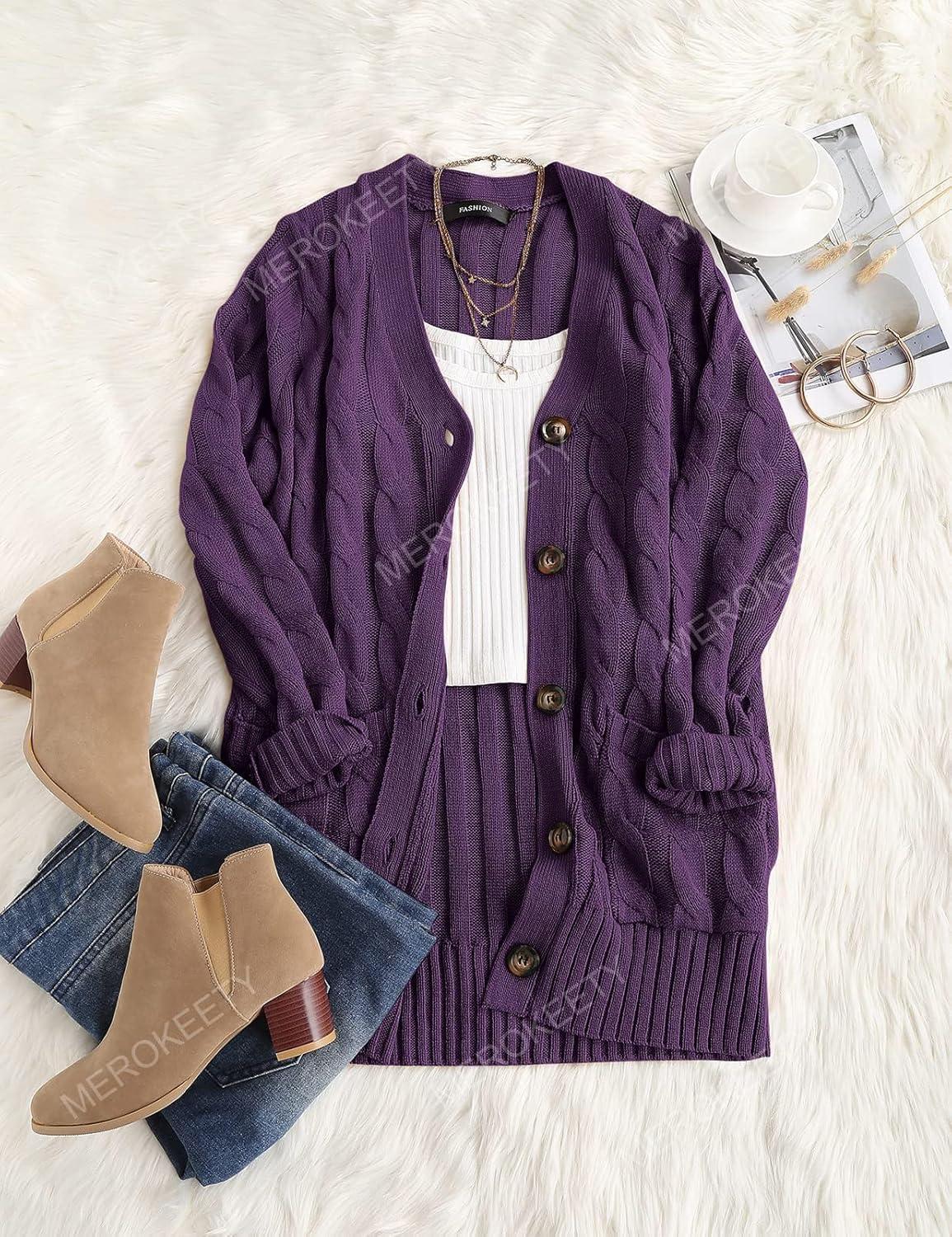 imageMEROKEETY Womens 2025 Fall Long Sleeve Cable Knit Sweater Open Front Cardigan Button Loose OuterwearPlum