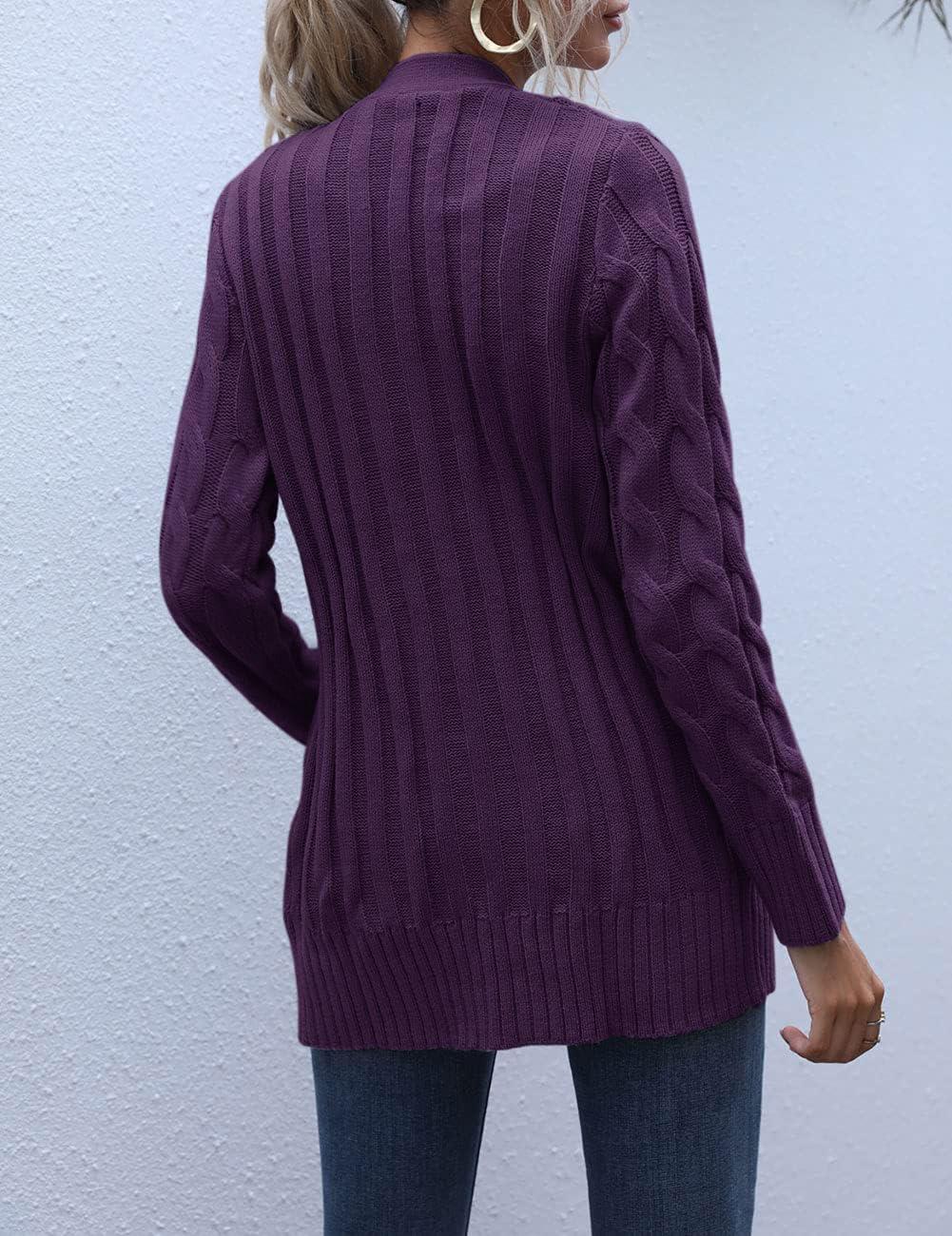 imageMEROKEETY Womens 2025 Fall Long Sleeve Cable Knit Sweater Open Front Cardigan Button Loose OuterwearPlum