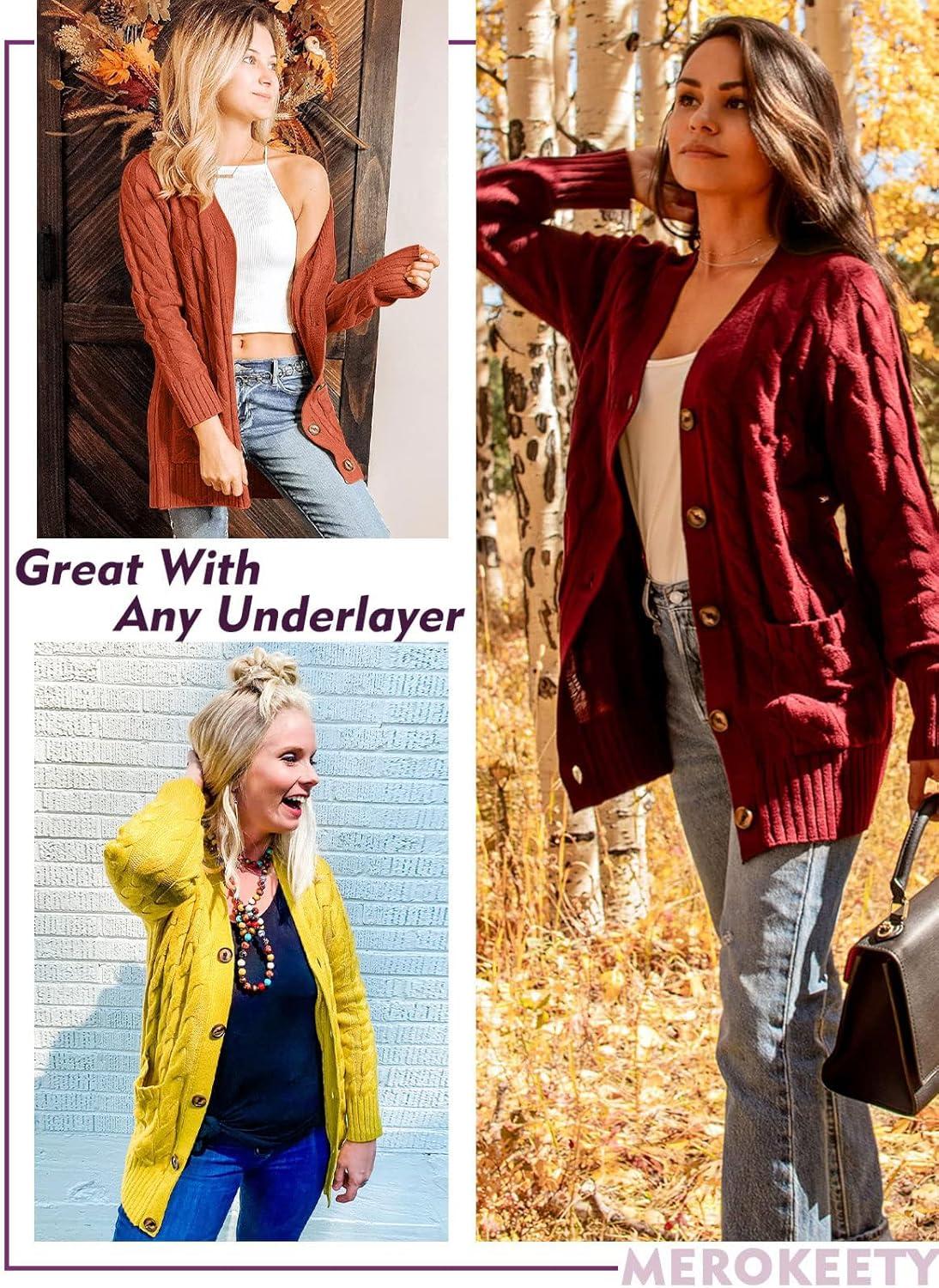 imageMEROKEETY Womens 2025 Fall Long Sleeve Cable Knit Sweater Open Front Cardigan Button Loose OuterwearRust
