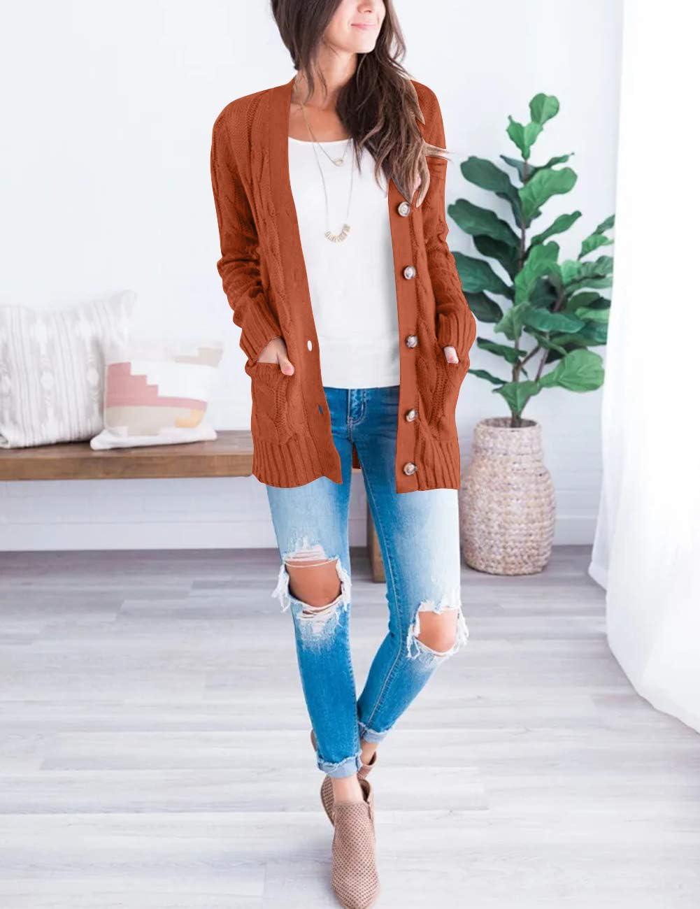 imageMEROKEETY Womens 2025 Fall Long Sleeve Cable Knit Sweater Open Front Cardigan Button Loose OuterwearRust
