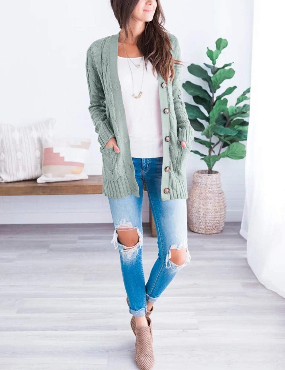 imageMEROKEETY Womens 2025 Fall Long Sleeve Cable Knit Sweater Open Front Cardigan Button Loose OuterwearSage