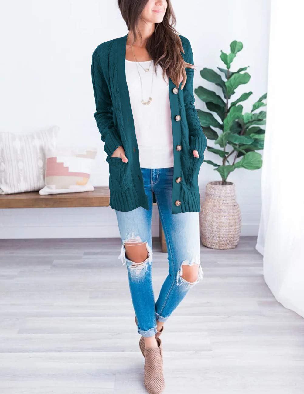 imageMEROKEETY Womens 2025 Fall Long Sleeve Cable Knit Sweater Open Front Cardigan Button Loose OuterwearTeal