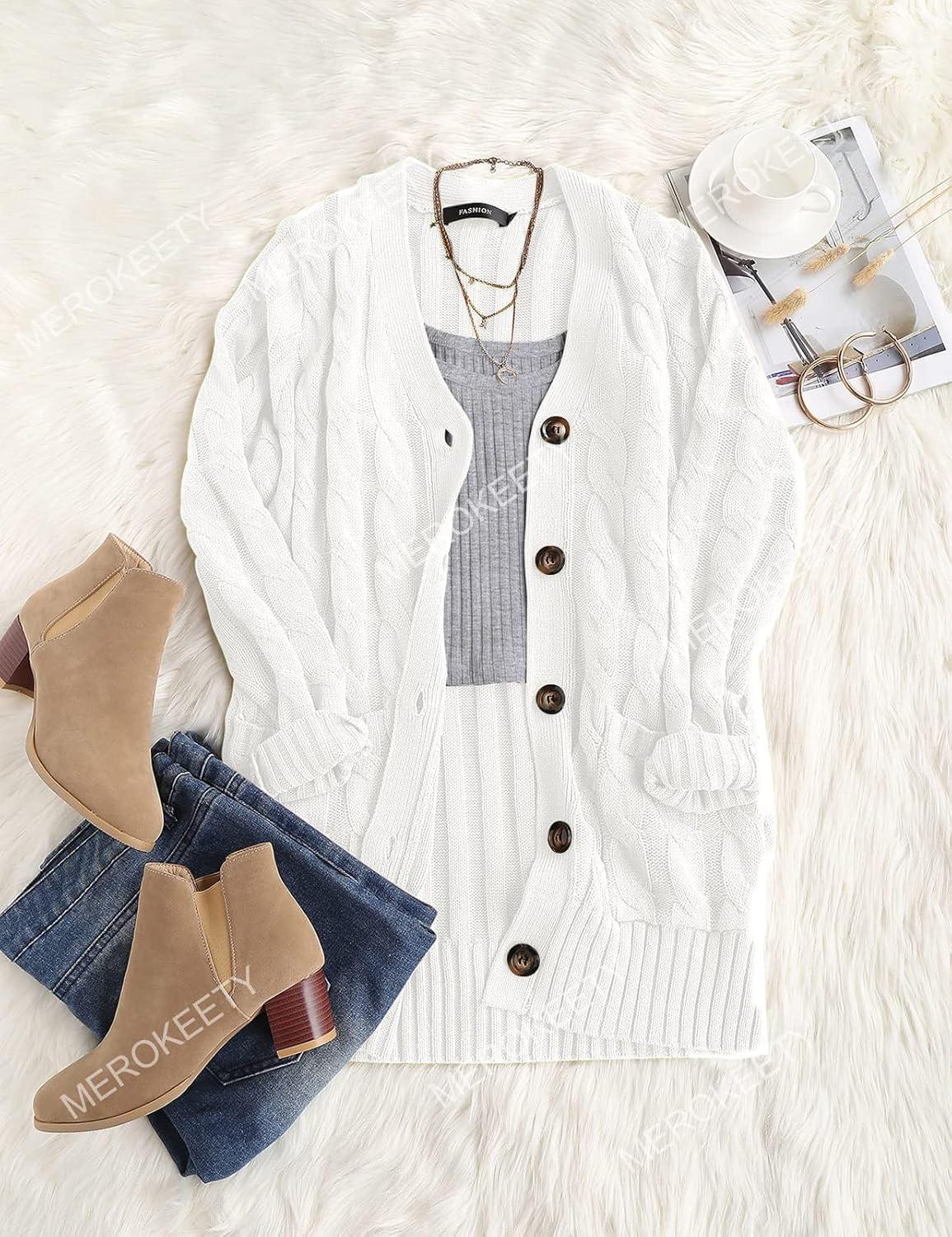 imageMEROKEETY Womens 2025 Fall Long Sleeve Cable Knit Sweater Open Front Cardigan Button Loose OuterwearWhite
