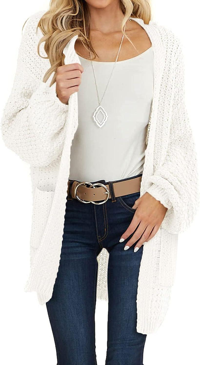 imageMEROKEETY Womens 2025 Fall Open Front Chunky Knit Sweater Oversized Lantern Sleeve Cardigan OutwearBeige