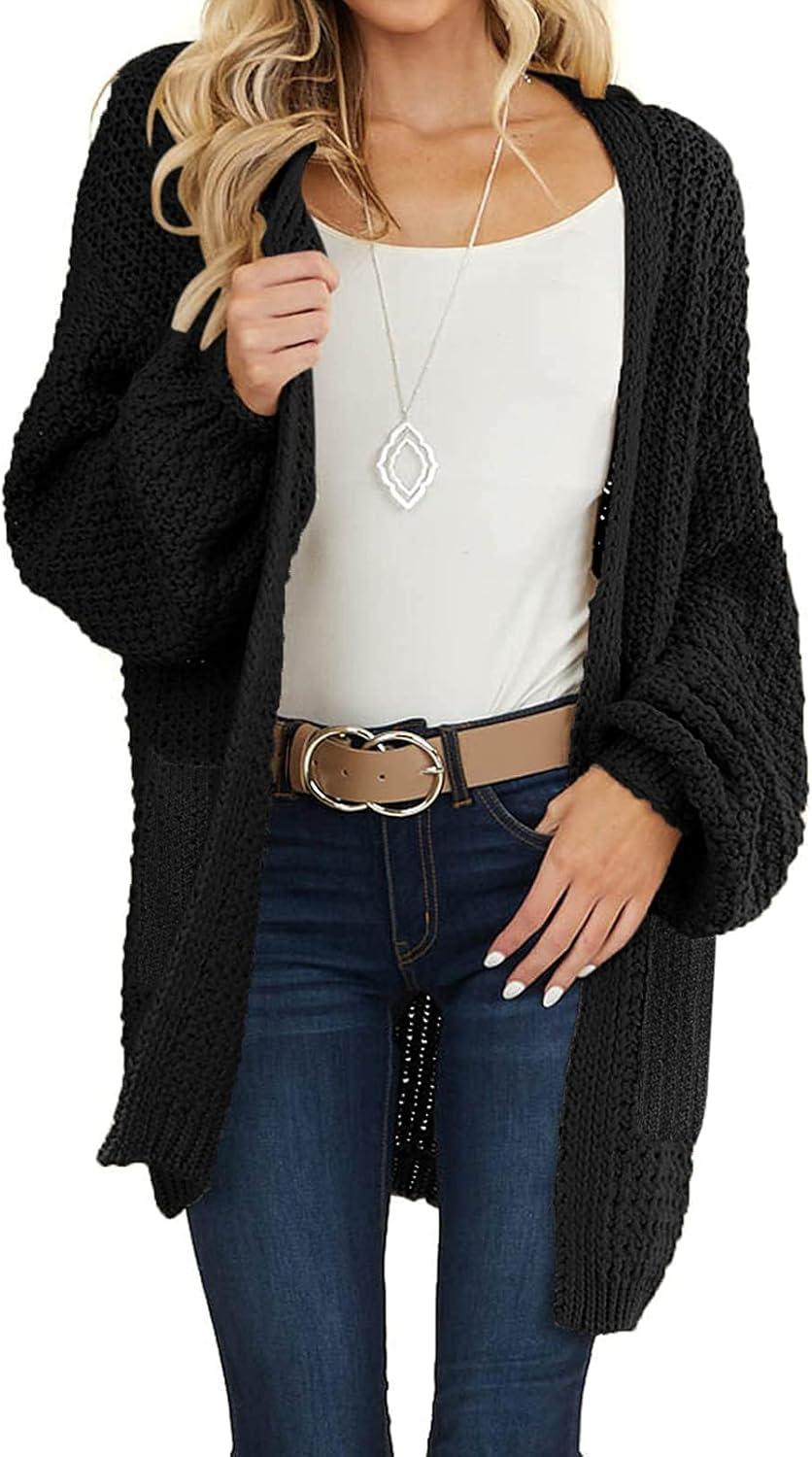 imageMEROKEETY Womens 2025 Fall Open Front Chunky Knit Sweater Oversized Lantern Sleeve Cardigan OutwearBlack