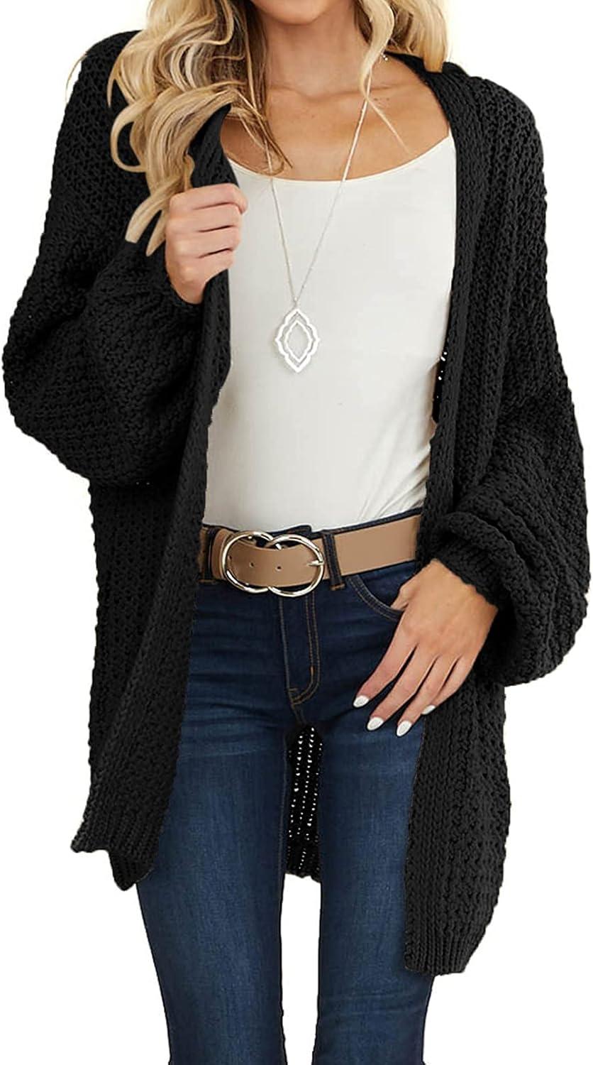 imageMEROKEETY Womens 2025 Fall Open Front Chunky Knit Sweater Oversized Lantern Sleeve Cardigan OutwearBlack