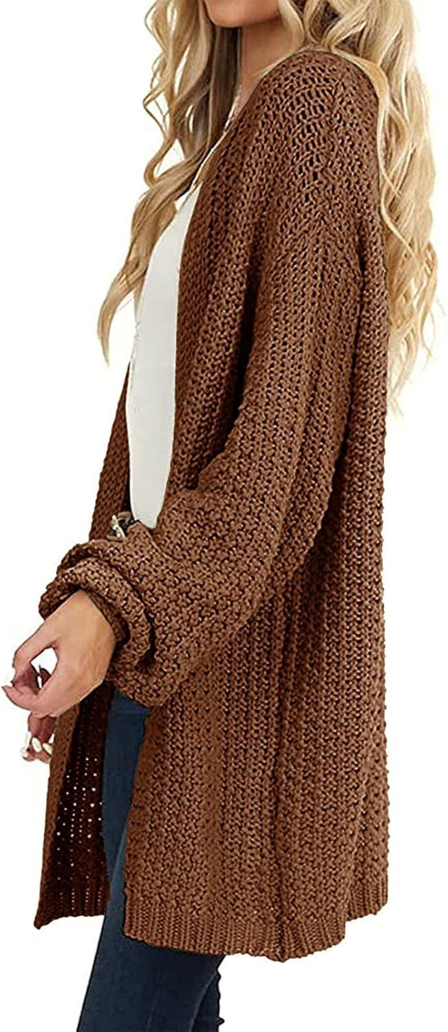 imageMEROKEETY Womens 2025 Fall Open Front Chunky Knit Sweater Oversized Lantern Sleeve Cardigan OutwearBrown