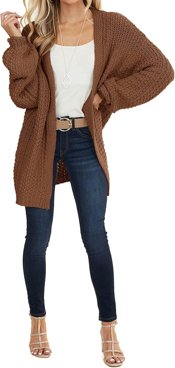 imageMEROKEETY Womens 2025 Fall Open Front Chunky Knit Sweater Oversized Lantern Sleeve Cardigan OutwearBrown