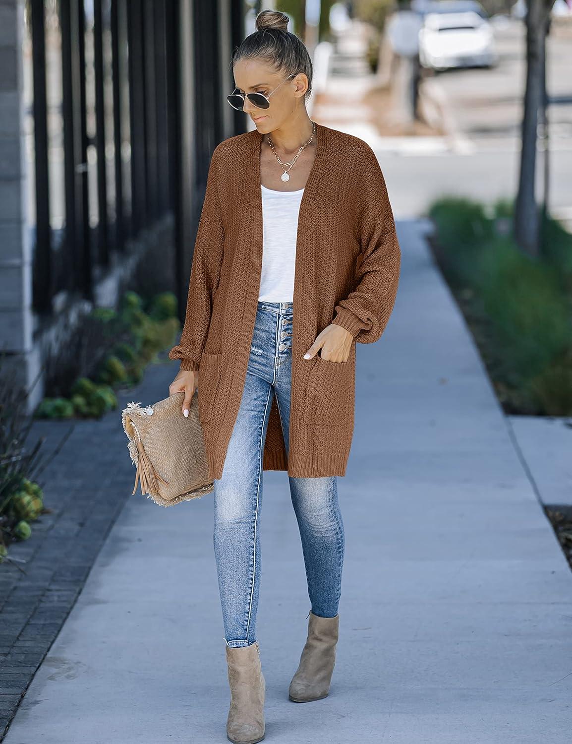 imageMEROKEETY Womens 2025 Fall Open Front Chunky Knit Sweater Oversized Lantern Sleeve Cardigan OutwearBrown