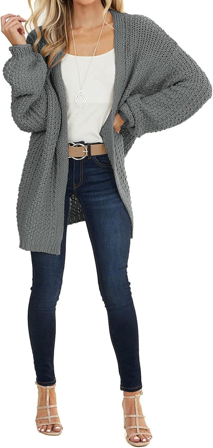 imageMEROKEETY Womens 2025 Fall Open Front Chunky Knit Sweater Oversized Lantern Sleeve Cardigan OutwearDark Grey