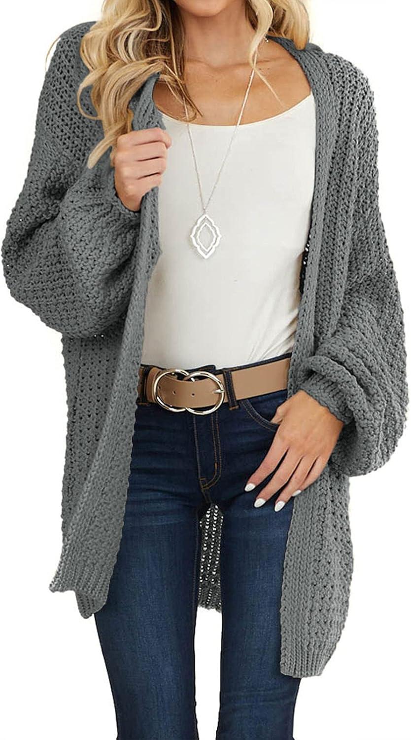 imageMEROKEETY Womens 2025 Fall Open Front Chunky Knit Sweater Oversized Lantern Sleeve Cardigan OutwearDark Grey