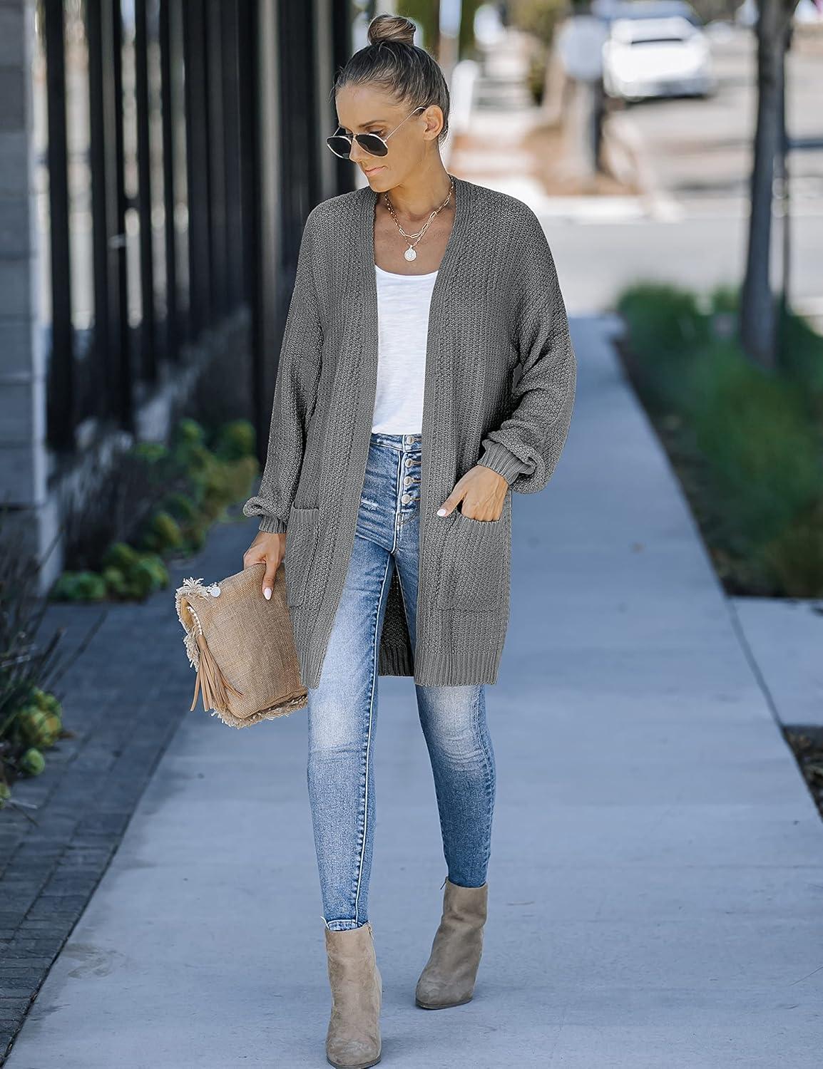 imageMEROKEETY Womens 2025 Fall Open Front Chunky Knit Sweater Oversized Lantern Sleeve Cardigan OutwearDark Grey
