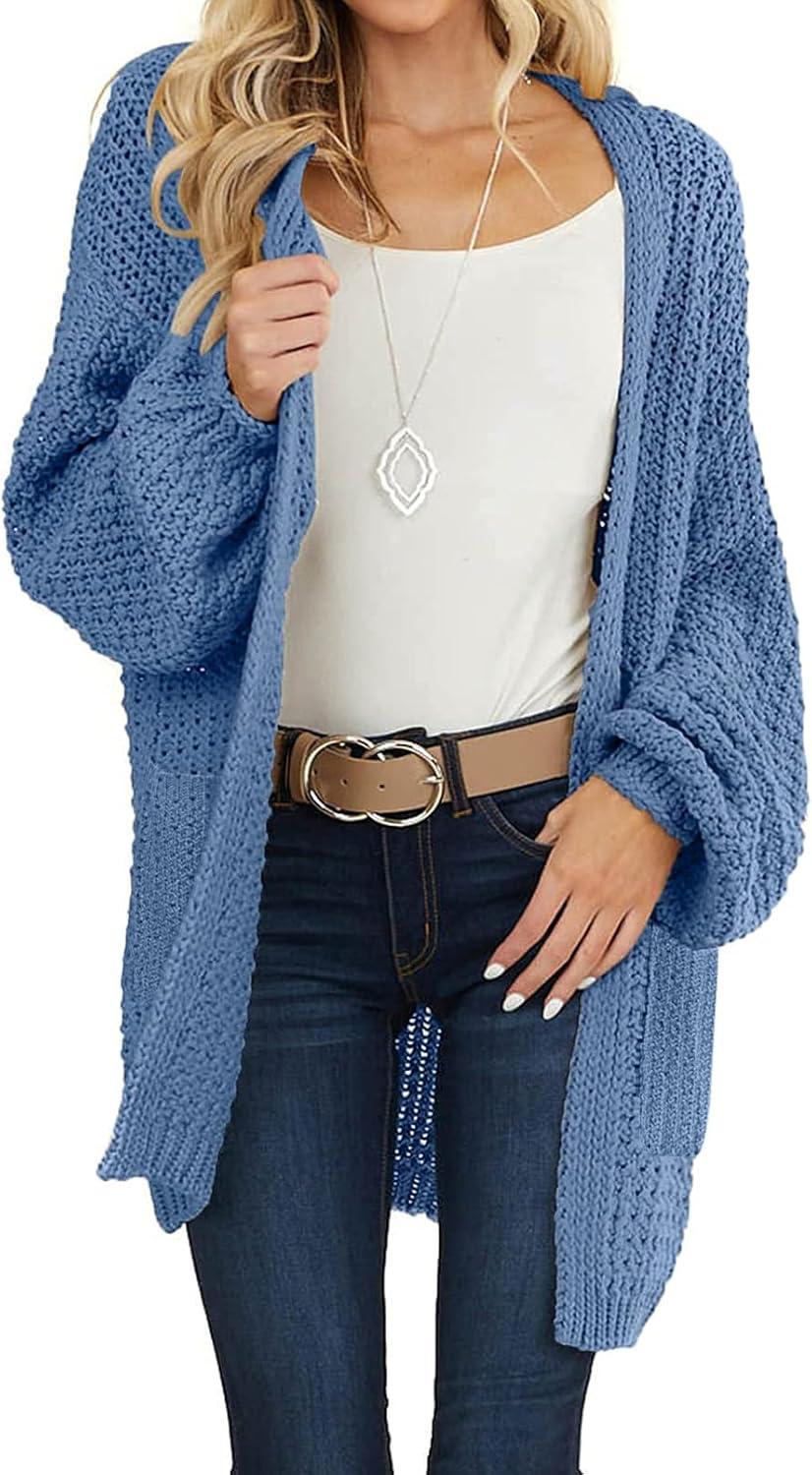 imageMEROKEETY Womens 2025 Fall Open Front Chunky Knit Sweater Oversized Lantern Sleeve Cardigan OutwearDusty Blue